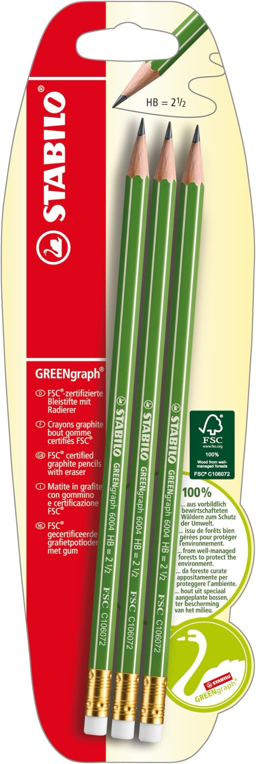 Eco-Friendly Graphite Pencil with Eraser - STABILO GREENgraph - Pack of 3 - HB