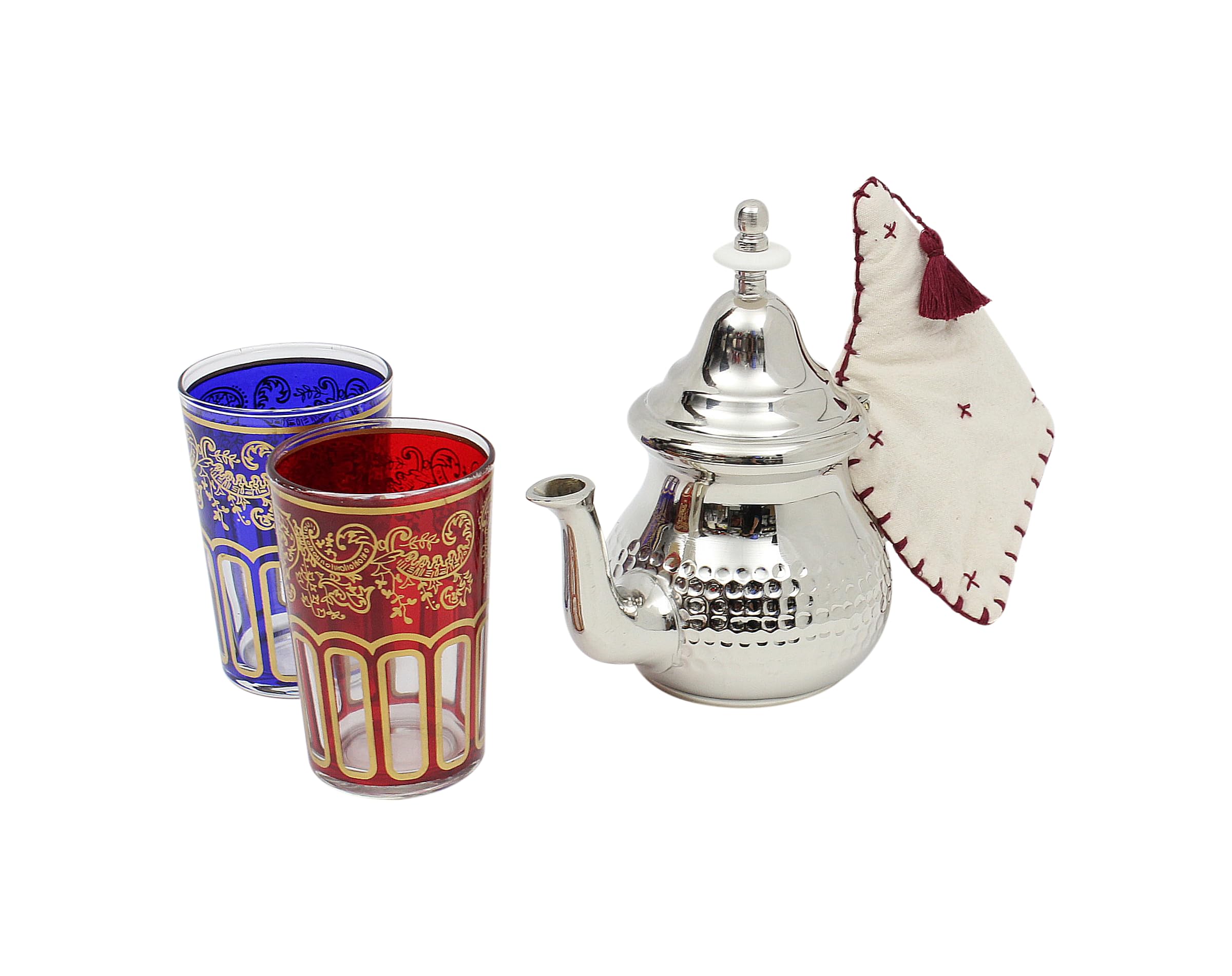 Moroccan Hammered Teapot Set Small: Silver Tea Pot with Integrated Filter and Teapot Holder, 2 Tea Glasses - Image 2