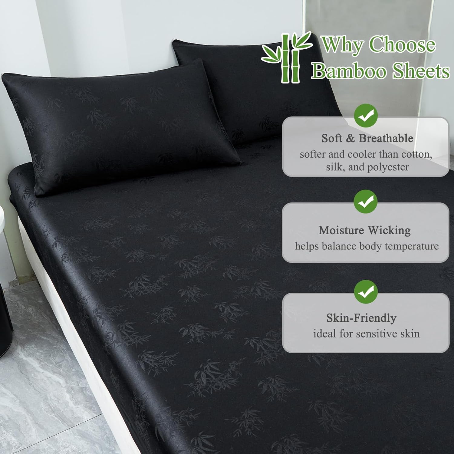 100% Viscose Derived from Bamboo Fitted Sheet with Pillow Cases for Hot Sleepers, 400 Thread Count Jacquard Weaving, 16" Deep Pocket, Silky Soft, Cooling and Breathable, Full, Black