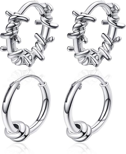 2 pares de aretes de aro con forma de bola geométrica punk y plata con círculos redondos de espinas redondas para hombres y mujeres, joyería de hip