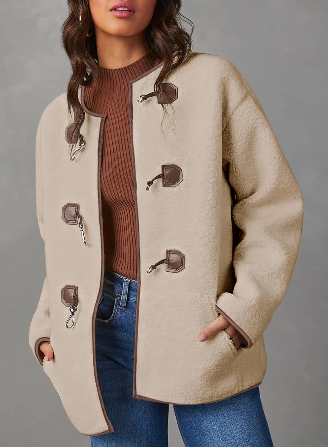 Dokotoo Womens Long Sleeve Jackets Fashion Faux Shearling Oversized Color Block Button Sherpa Jacket Coats - Image 2