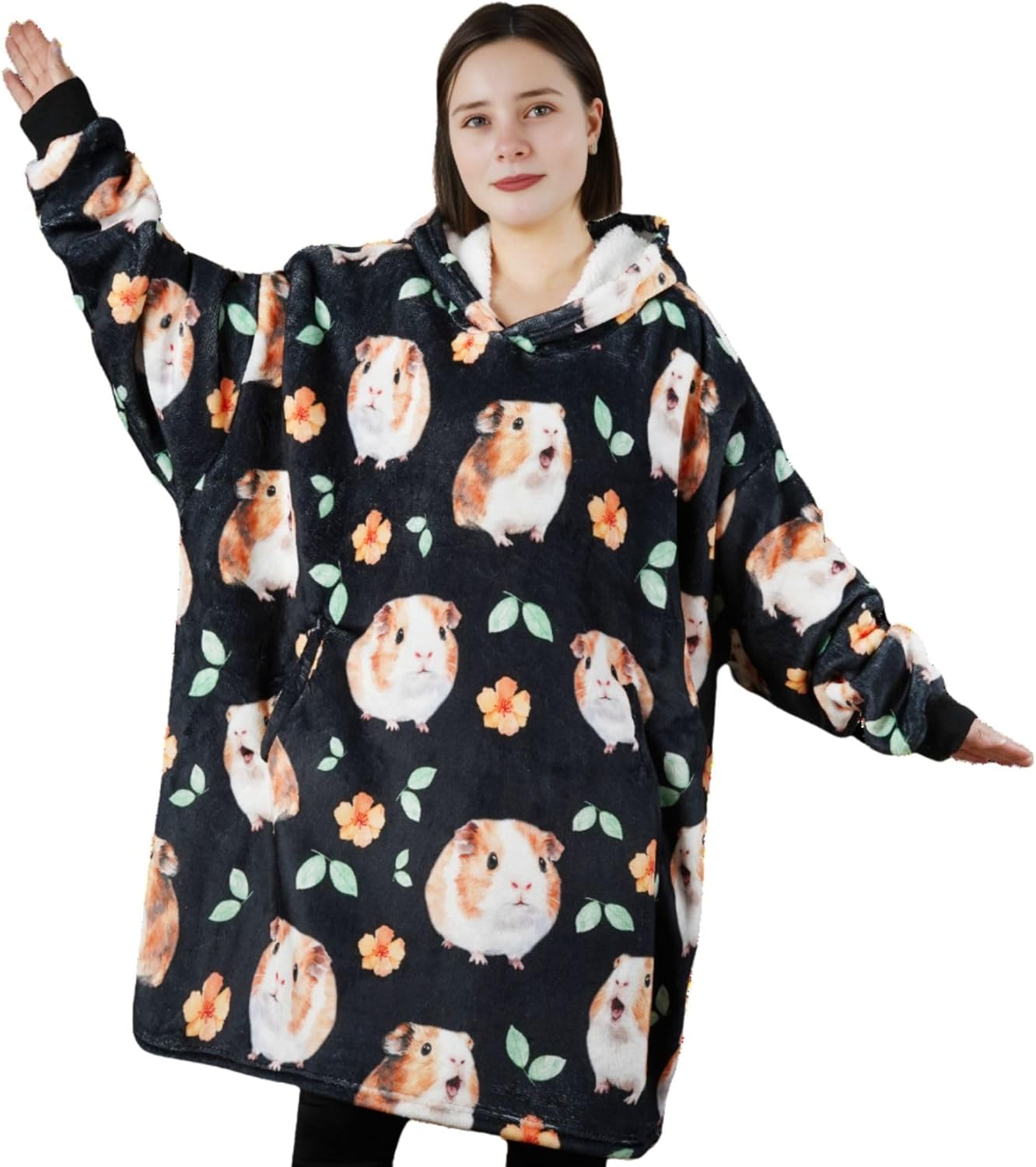 Guinea Pig Gifts for Women Men Guinea Lovers, One Size Wearable Blanket Hoodie, Super Soft Warm Cozy with 2 Pockets for Christmas, Birthday