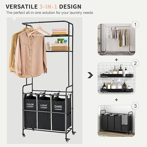 Miniatura 3 de Carrito clasificador de lavandería con estante para colgar, cesta de lavandería de 3 secciones, carrito de mayordomo con estante de 2 niveles,