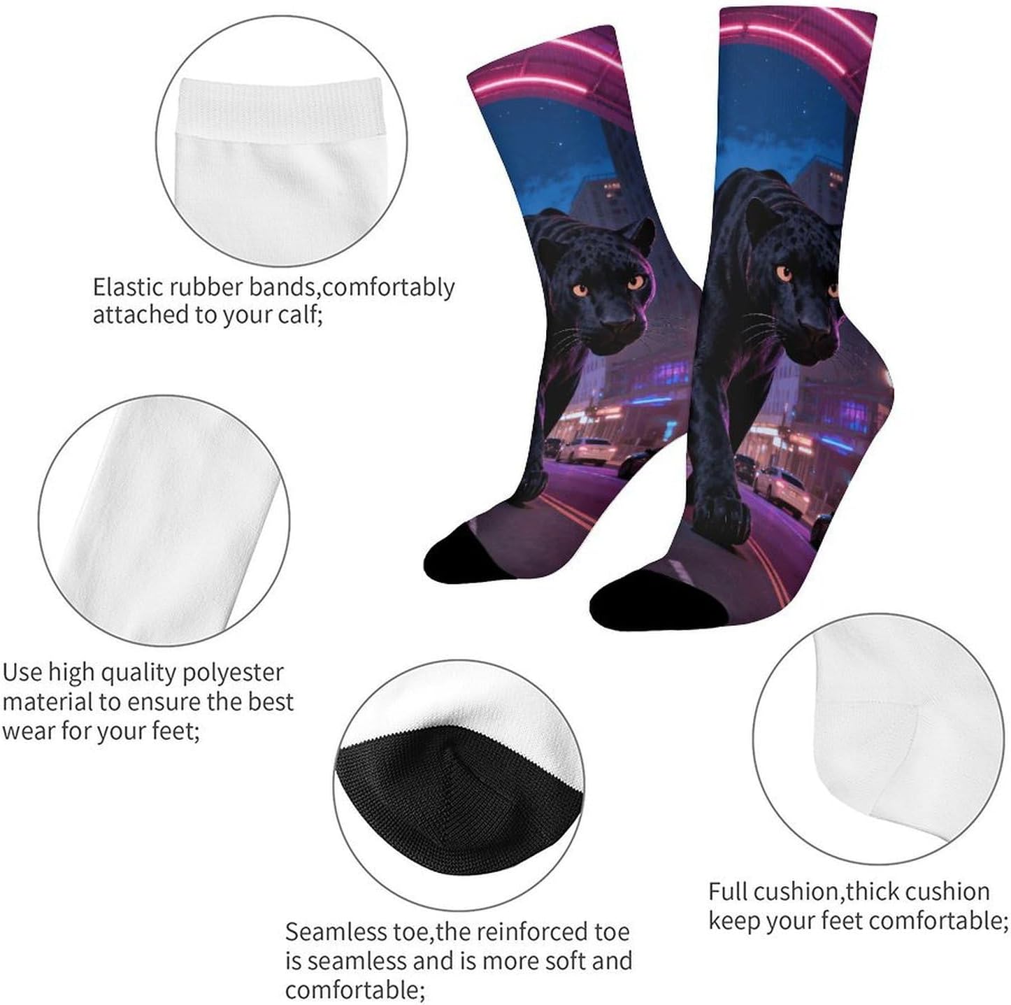 Panther Neon Road Crew Socks Moisture Wicking Ankle High Cushioned Arch Support Seamless Toe Athletic & Casual