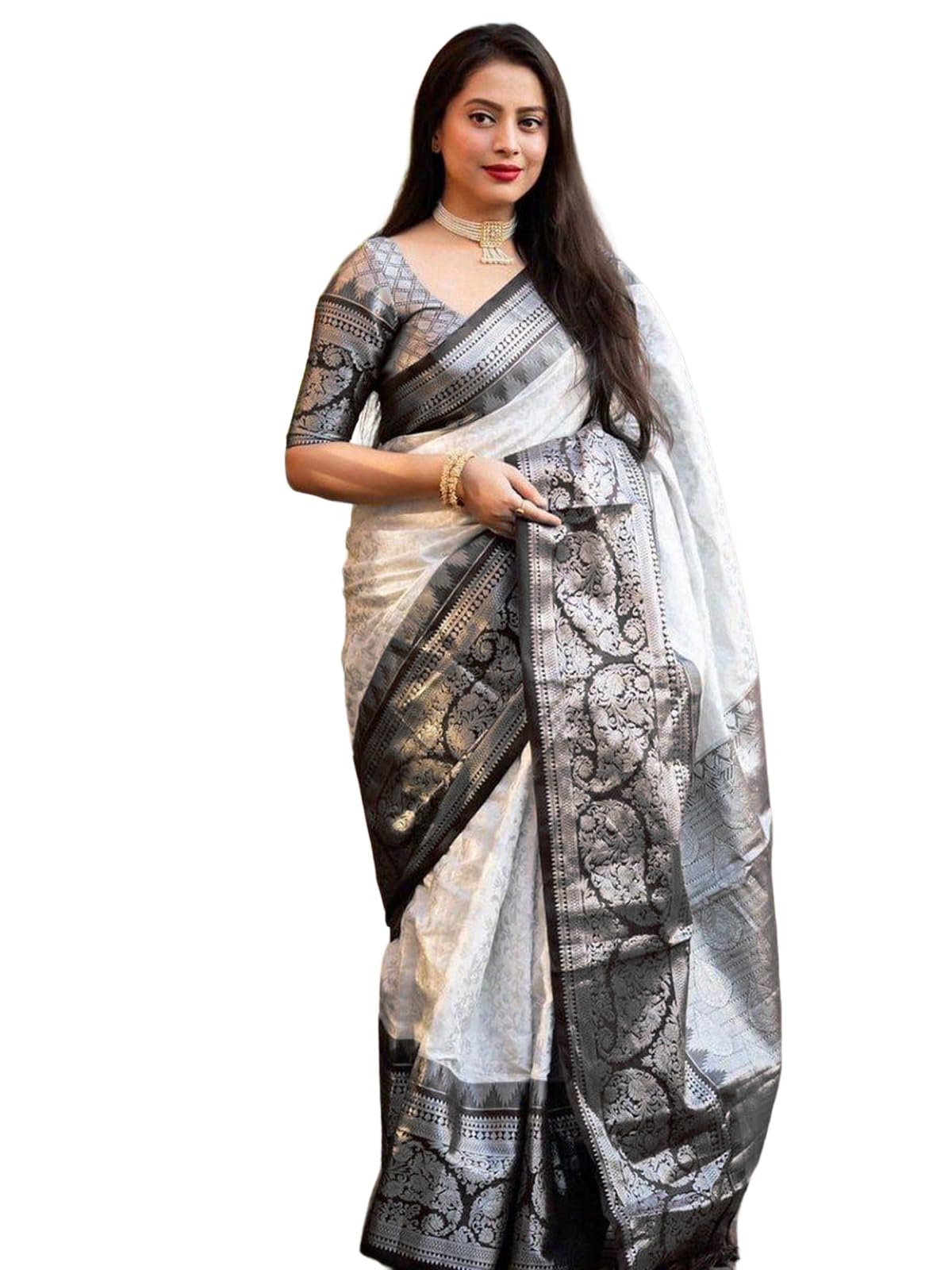 Satrani Women's Jacquard Silk Blend Saree (3984S484N_White & Black)