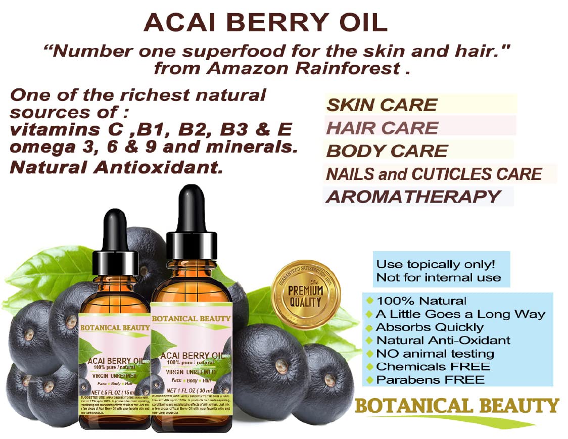 Botanical Beauty ACAI BERRY OIL 100% Pure Natural Virgin Unrefined Cold Pressed Carrier Oil. 0.5 Fl Oz 15 ml for Face, Skin, Hair, Lip, Nails. Rich in Vitamin E - Image 4