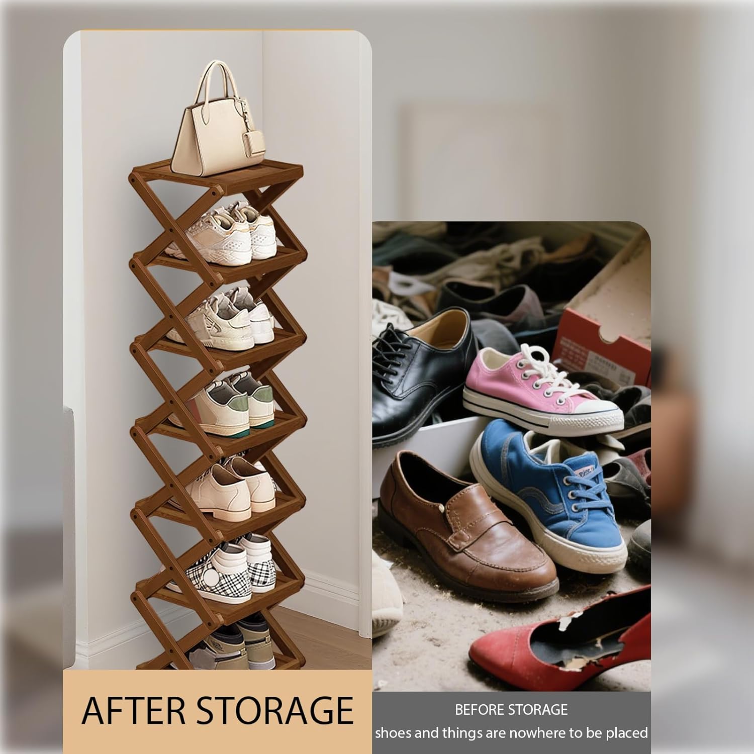 YYW Shoe Rack, Foldable Bamboo Shoes Shelf, Freestanding Shoe Storage Organiser for Entryway, Bedroom, Closet, Hallway - Functional, Natural Shoe Rack (Brown, 5 Layers)