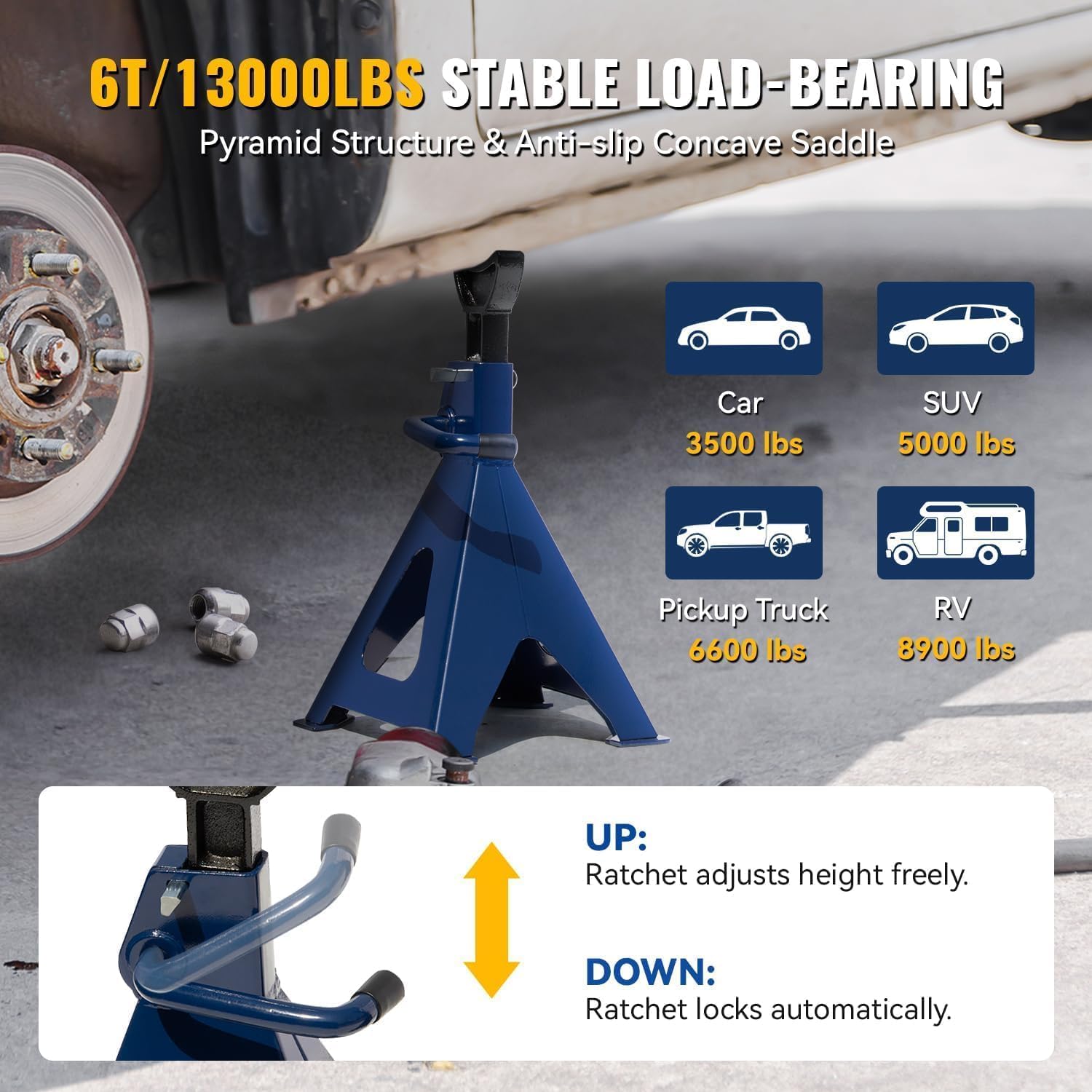 6 Ton (13,000 lbs) Heavy Duty Steel Jack Stands, Double Locking Adjustable Car Jack Stands with Wide Pyramid Base & Large Saddle, 16.7"- 23.8" Lifting Height for SUVs, Trucks & Cars, 1 Pair