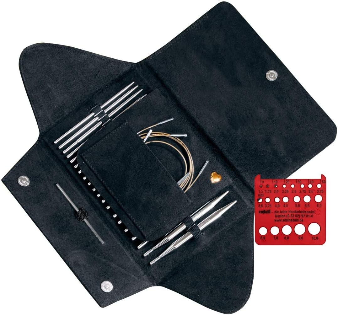 addiClick Turbo Interchangeable Circular Needle Set with Exclusive Addi Red Needle Gauge with Laughing Hens Logo