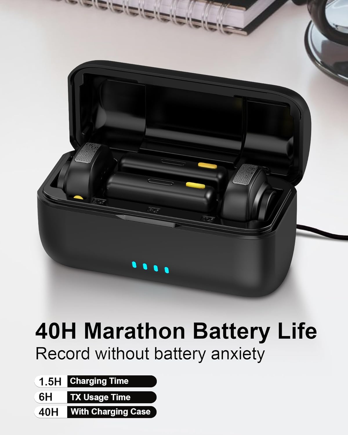 The charging case with two transmitters inside, connected to a USB-C cable, illustrating the 40-hour battery life.