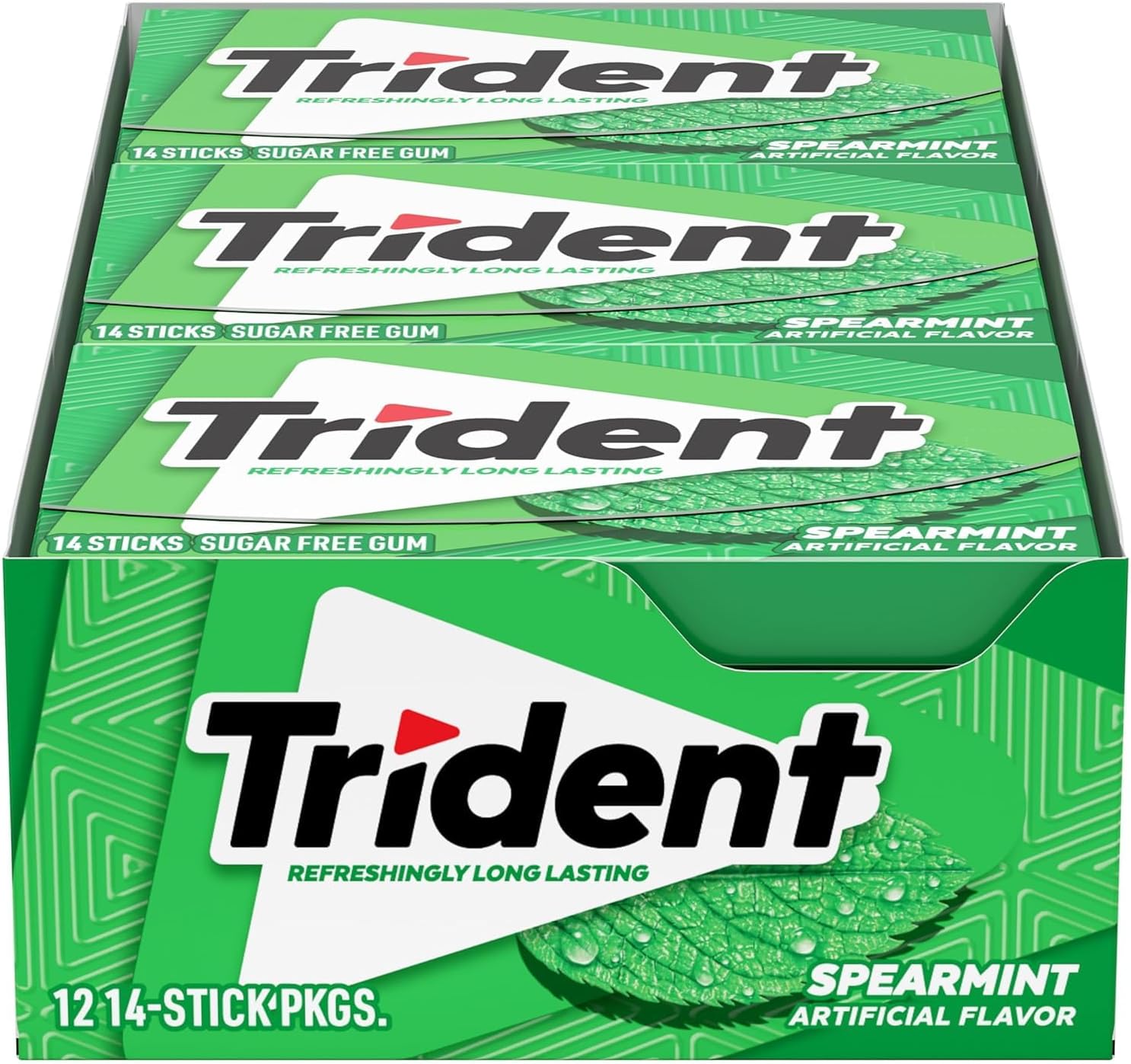 Trident Spearmint Sugar Free Chewing Gum with Xylitol 14 Sticks pack of 12