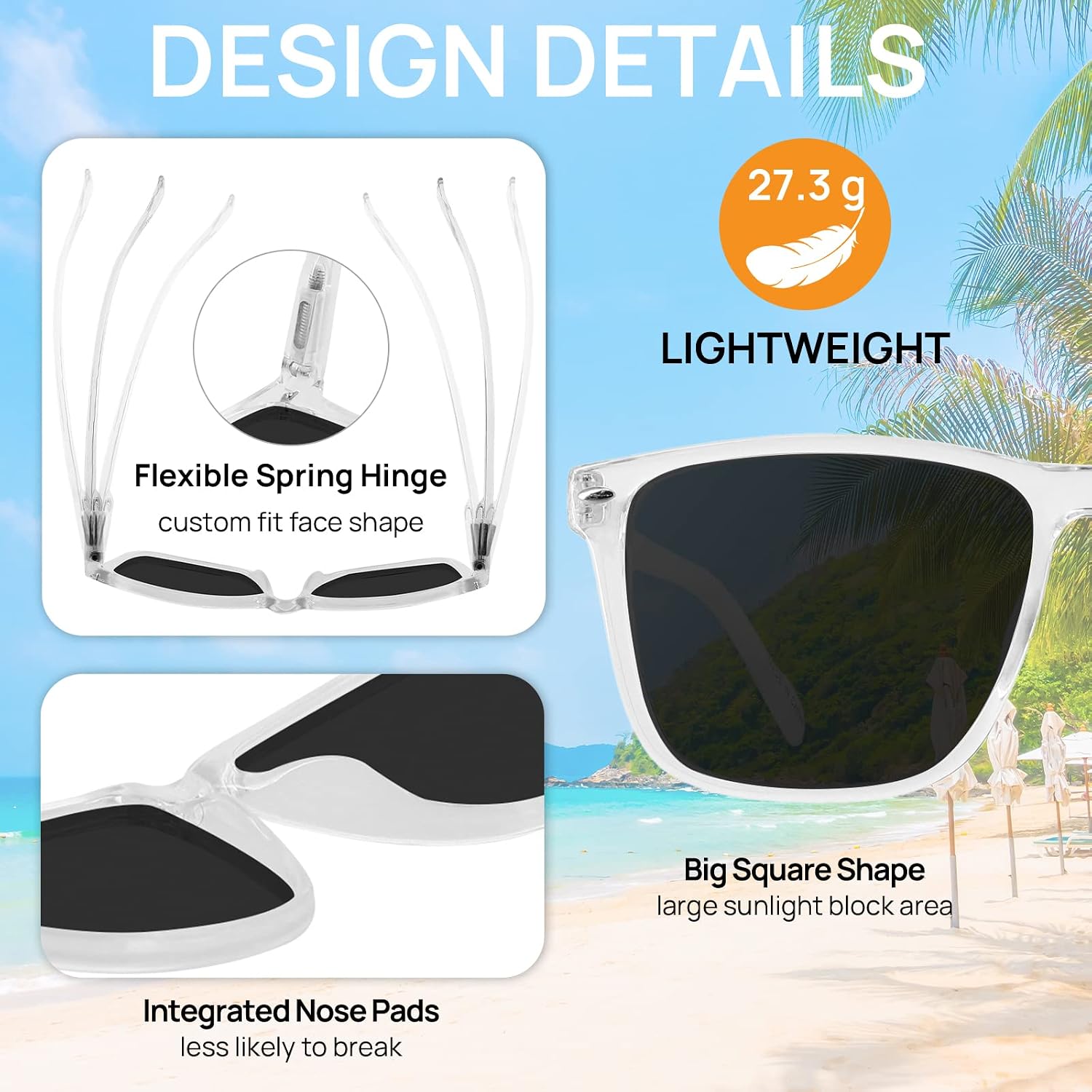 Men's Reading Sunglasses 1.0 Big Square Readers Glasses 100 125 150 175 200 225 250 275 300 350 400 Spring Hinges (Clear 1.00)