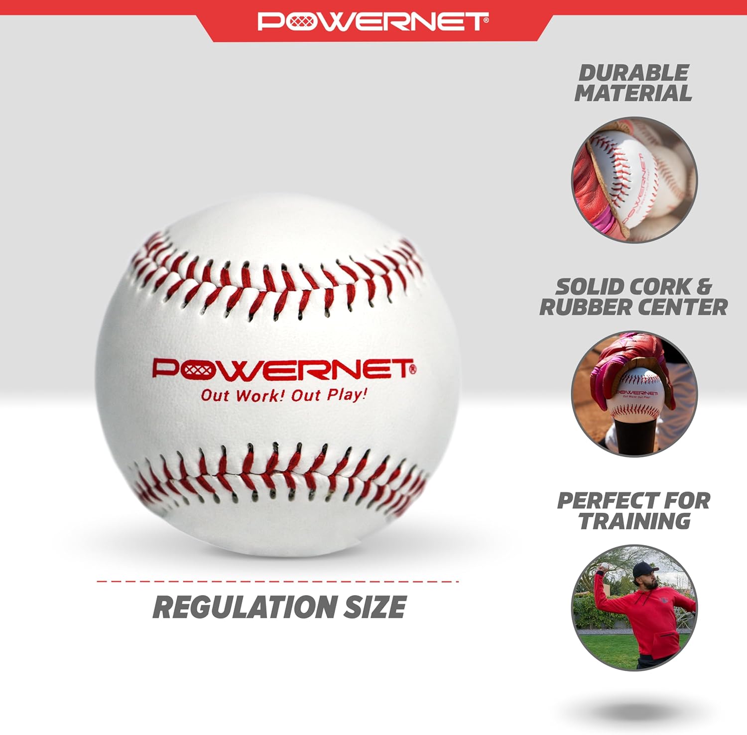 PowerNet Competition & Recreation Baseballs, 12-Pack Baseballs, Recreation Grade and Competiton Regulation Size Balls, Portable Pitching & Batting Practice Equipment