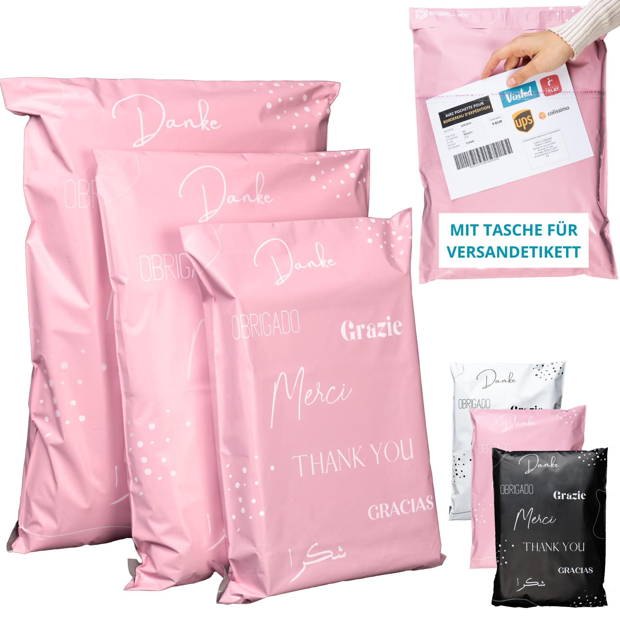 EMBALLAX - 60 Versandtaschen MIT TASCHE FÜR VERSANDETIKETT - 3 Größen M/L/XL - WIDERSTANDSFÄHIG/WASSERDICHT - Versandtüten für Kleidung - Warensendung Umschlag für Kartons - Versandbeutel - Danke