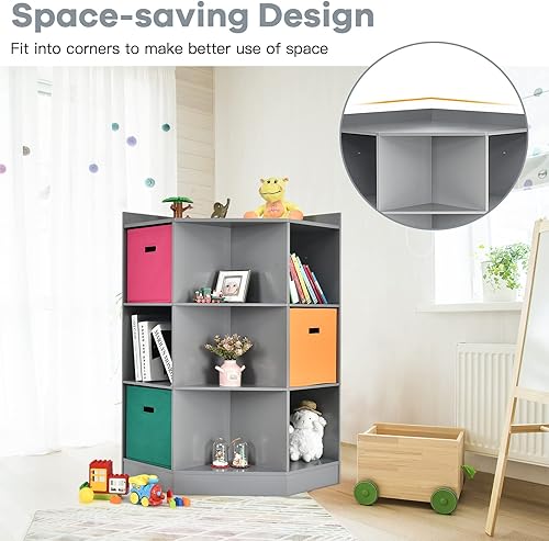 Miniatura 13 de Costzon Estantería infantil de 9 compartimentos con cubos de almacenamiento grandes, armario esquinero para niños con 6 cubos y 3 estantes,