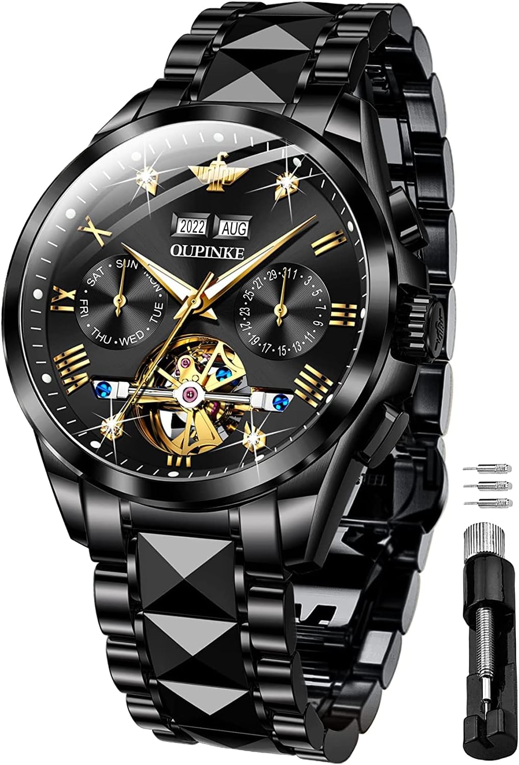 OUPINKE Men's Watches Automatic Skeleton Watch Mechanical Wrist Watch Business Luxury Stain Steel Waterproof Luminous, All Black -G3186, mens watch