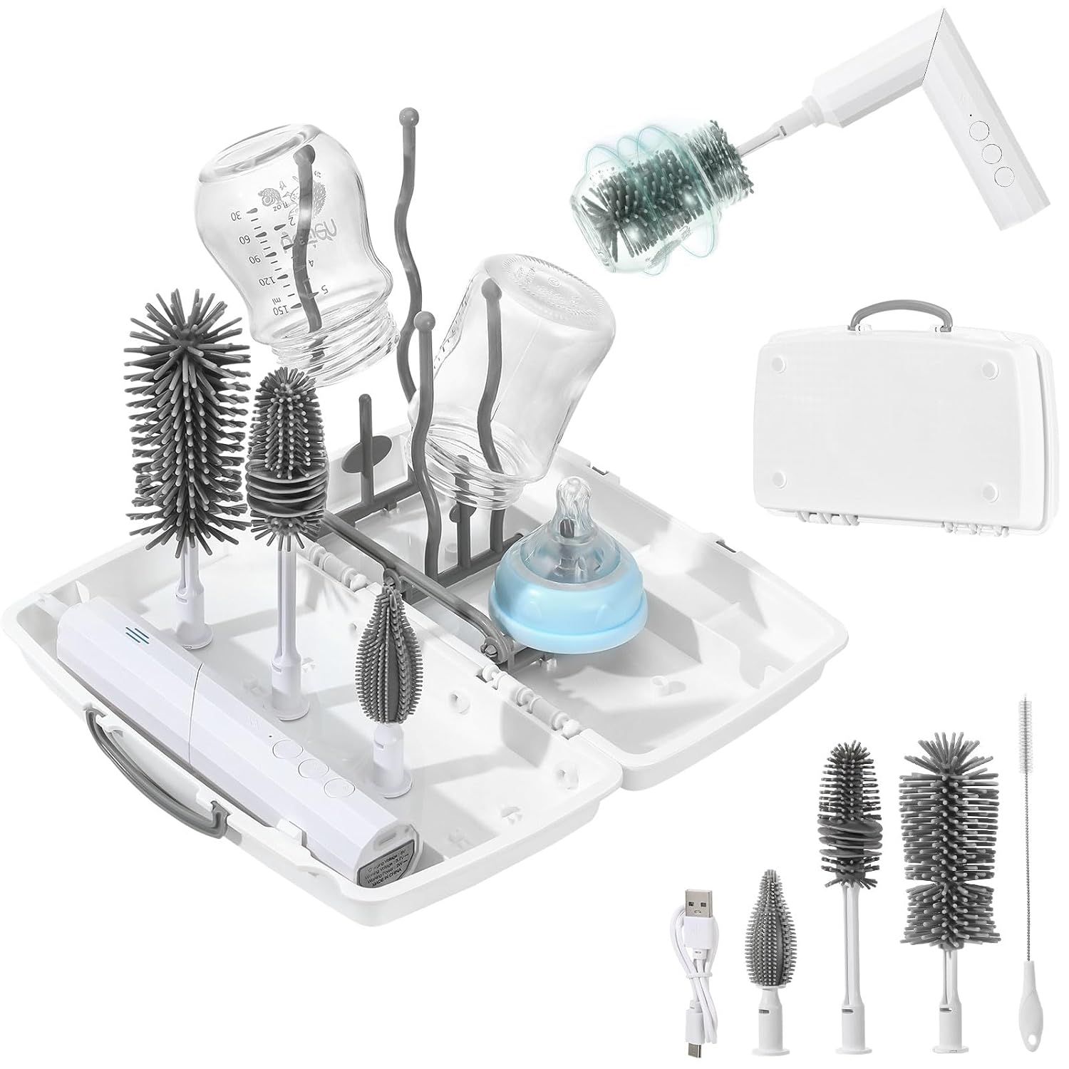 Zooawa Electric Baby Bottle Brush Cleaner,7in1 Travel kit with Rechargeable 90°Folding Elctric Bottle Cleaner & Drainage Box,Food-Grade Silicone,Long Battery Life,Nipple Brush,Straw Brush