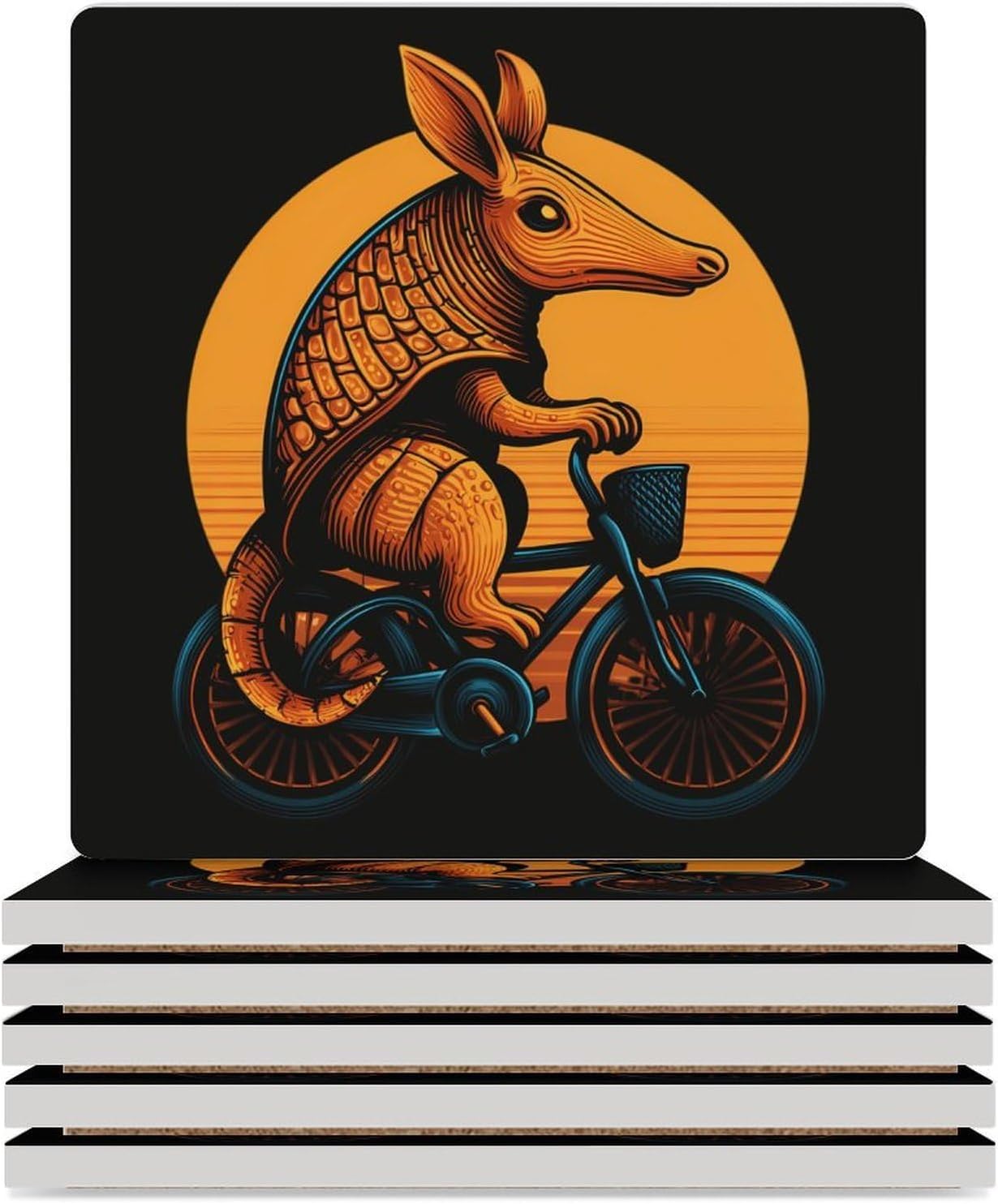 Armadillo ON A Bicycle Ceramic Coasters Set Square Drink Coasters Table Coaster for Kitchen Desktop Decor