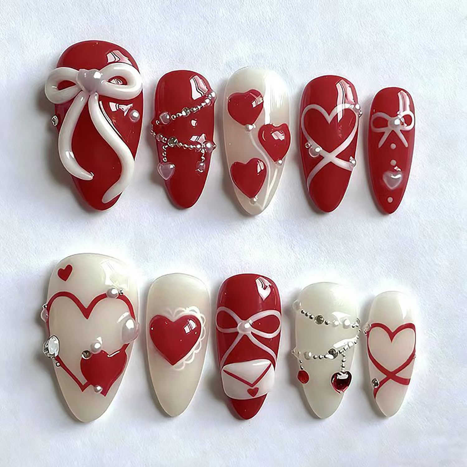 24Pcs Press on Nails - Medium Almond Red Heart Design