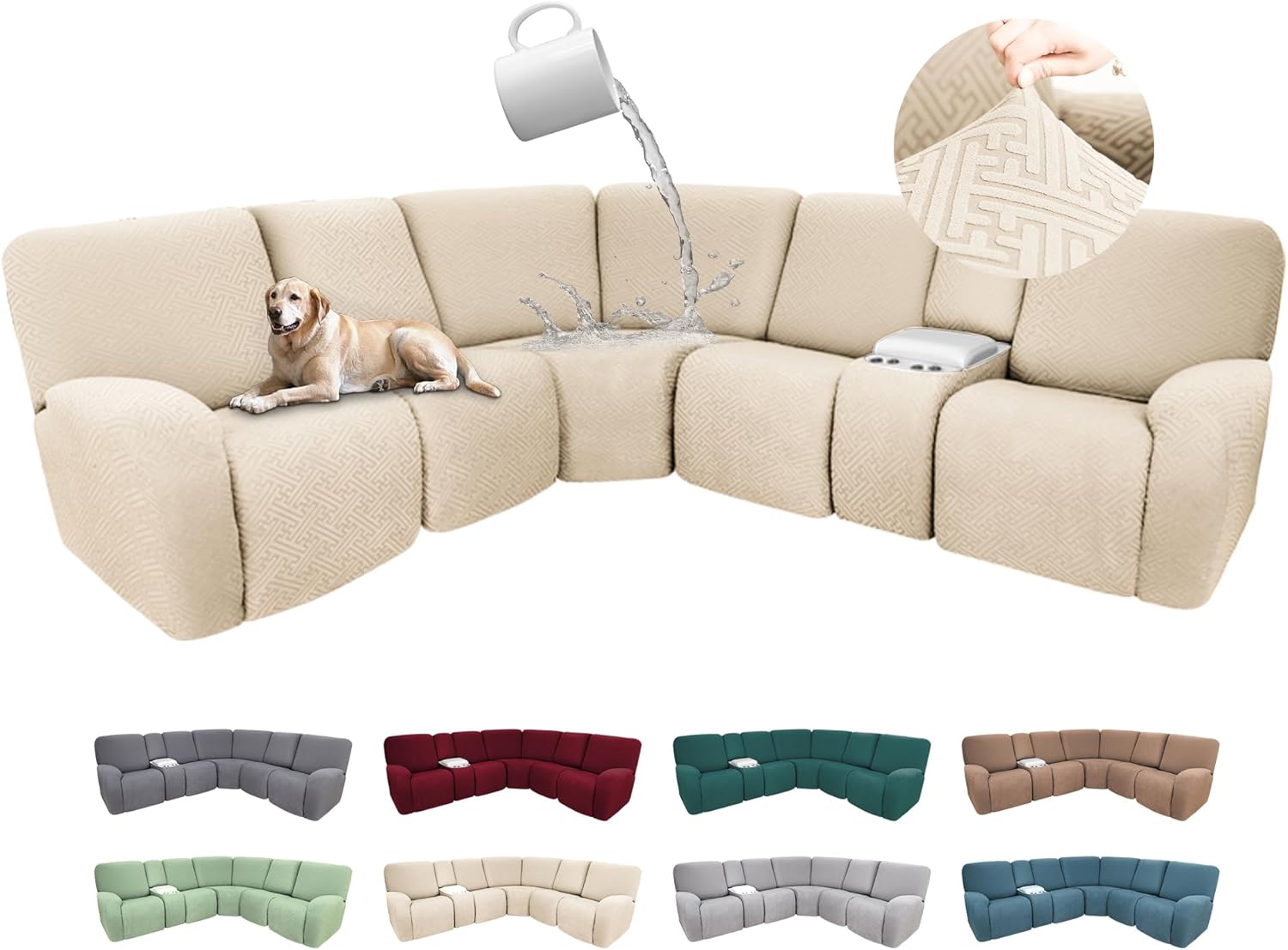100% Waterproof Sectional Recliner Couch Covers for Reclining Couch L Shaped Corner Sectional Sofa Cover Jacquard Stretch L Shape Recliner Slipcovers (5 Seater 1 Console Cover, Beige)