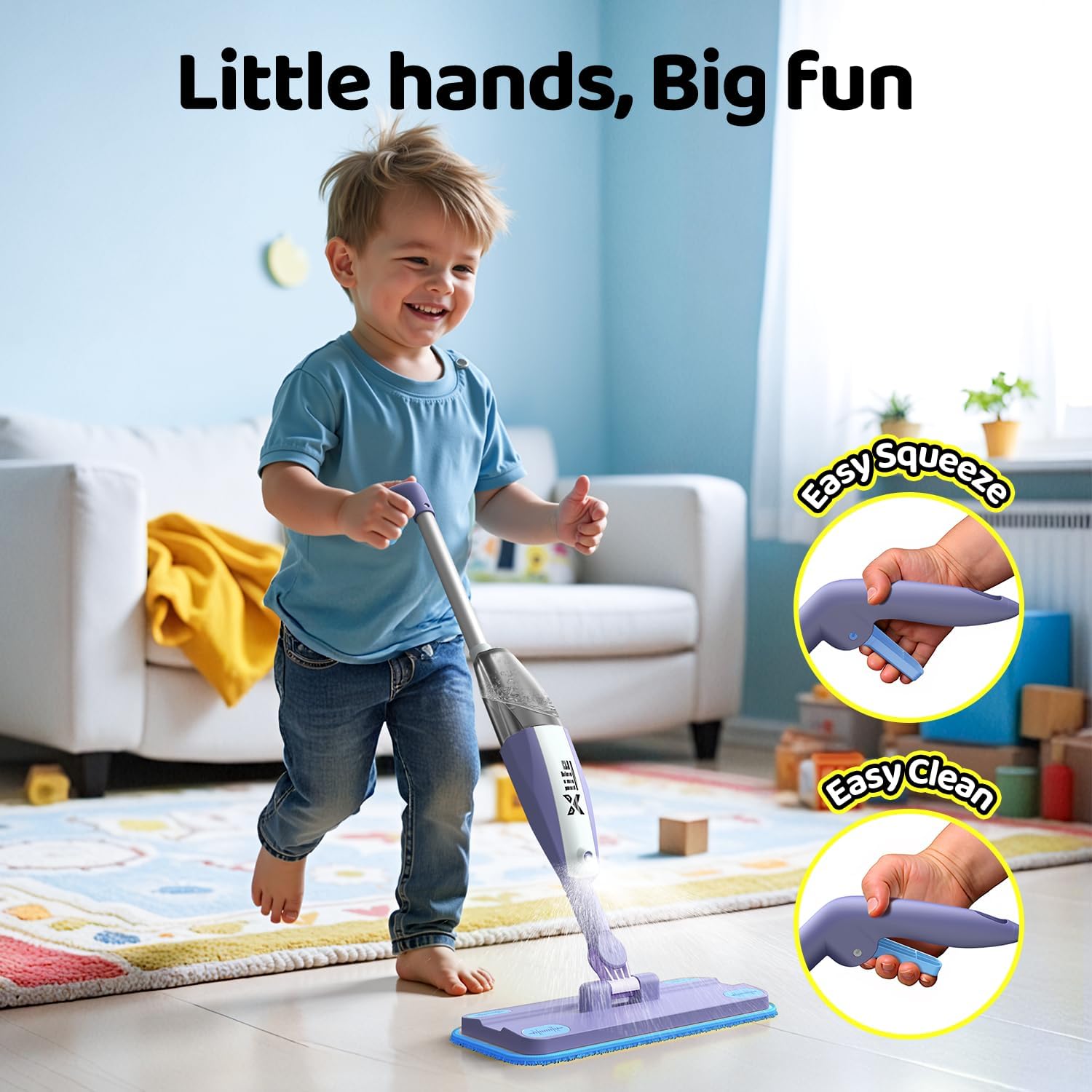 Xlife Kids Spray Mop & Sweeper Set Age 3-8 with Real Water Spray, Montessori Pretend Play Gift, Washable Microfiber Pads & Storage Hanger (Purple)
