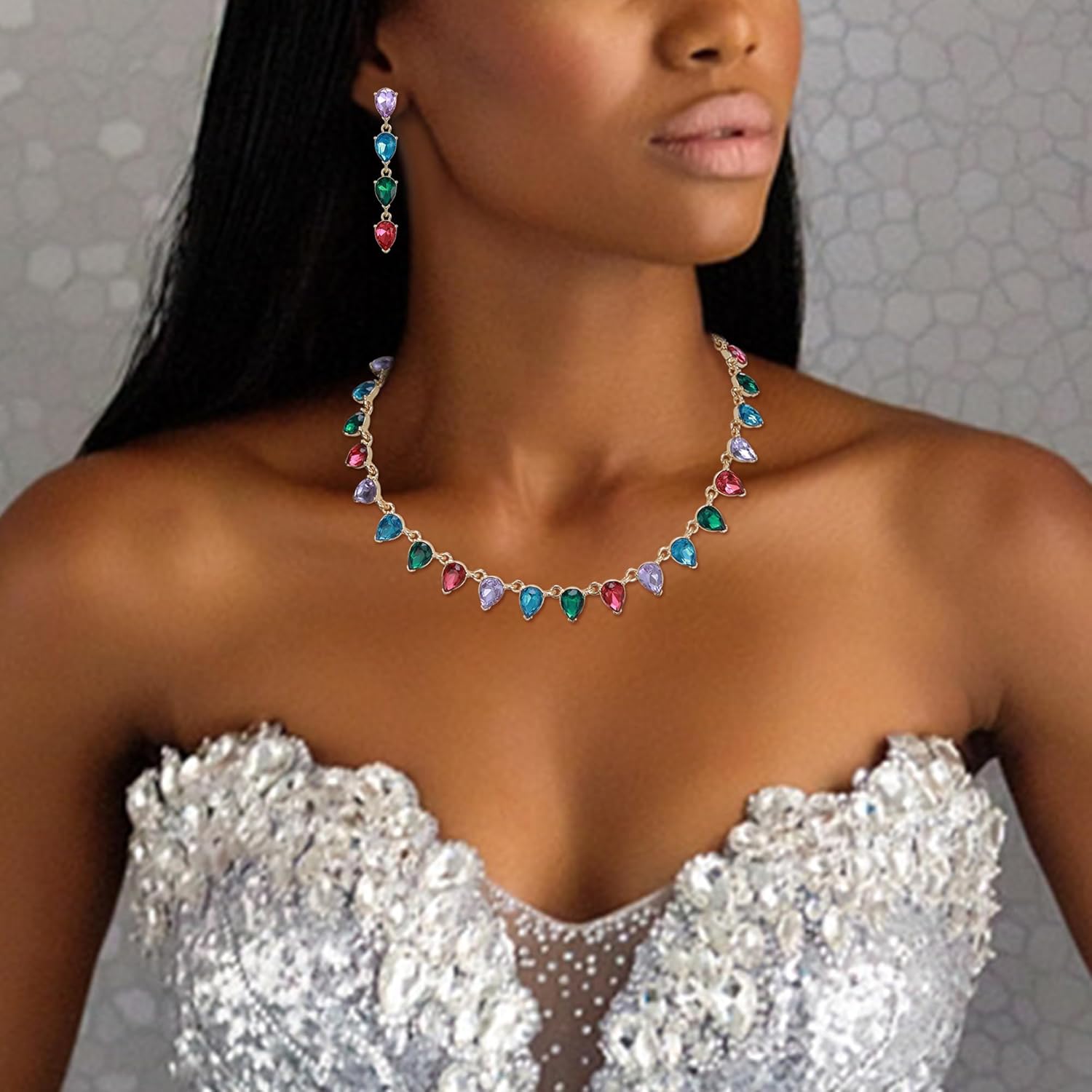 EVER FAITH Costume Jewelry Rhinestone Crystal Art Deco Geometric Gemstone Choker Statement Necklace Stud Earrings for Women Fashion Jewelry for Wedding Prom - Image 3