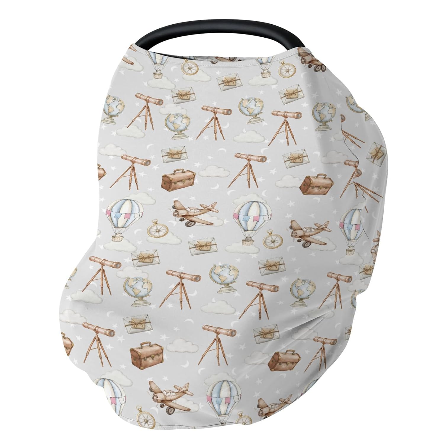 Adventure Baby Car Seat Covers Travel Planes Compass Luggage Globe Explore Stretchy 5-in-1 Cover Adjustable Infant Carseat Cover Canopy Holiday Vacation Breathable Nursing Cover-Up