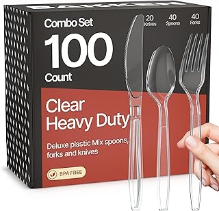 Bakken Disposable Cutlery Set 100 Pieces of Forks, Knives & Spoons, Heavy Duty Plastic Silverware, BPA-Free Food-Grade Materials, Heat-Resistant, Reusable Utensils for Parties and Everyday Use, Clear