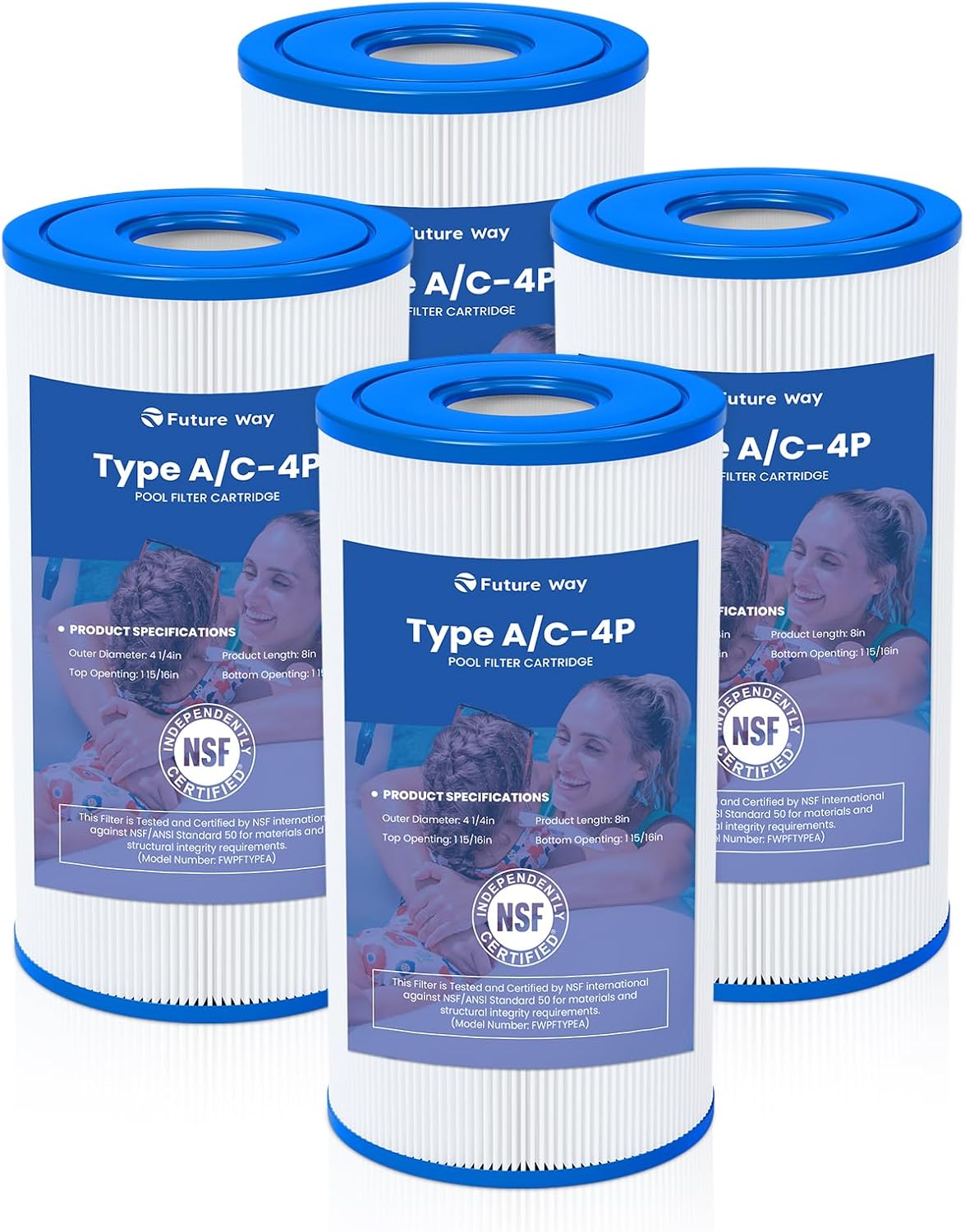 Future Way 4 Pack Type A or C Pool Filter Cartridge Replacement for Intex 29000E/59900E & 1000/1500/530 GPH Filter Pump, Fits Easy Set Above Ground Pools