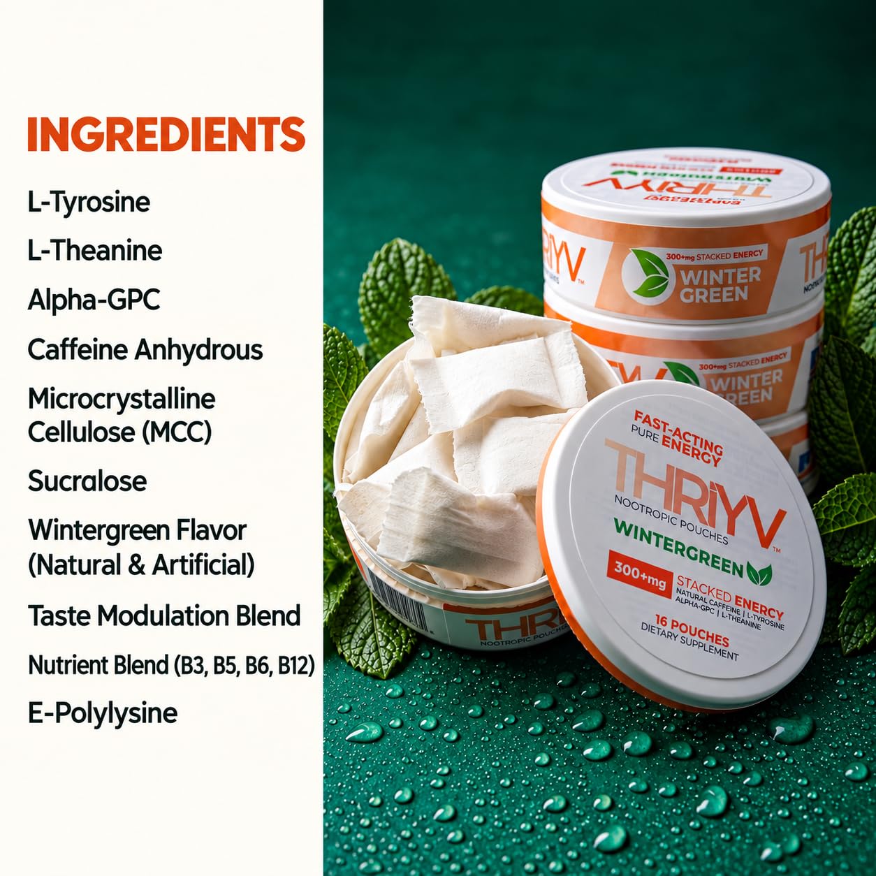 THRIYV Wintergreen Nootropic Energy Pouches, 50mg Caffeine, 16 Count — Amazon image 7