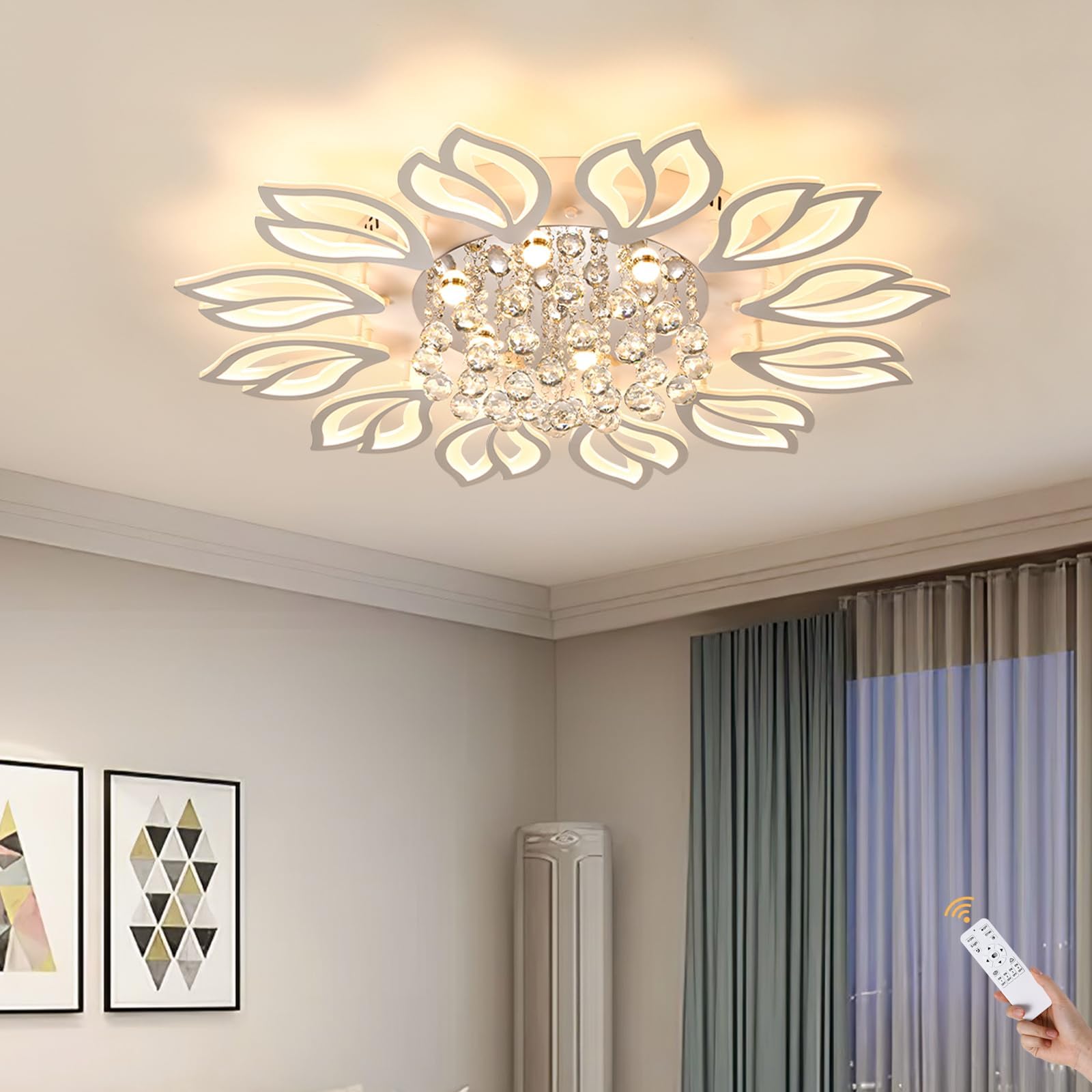 Garwarm Modern Ceiling Light,40.7 in Dining Room Light Fixture,12 Petals Flower Flush Mount Ceiling Lights Chandelier,Bedroom Living Room Kitchen Office Lighting Fixture,100W,White