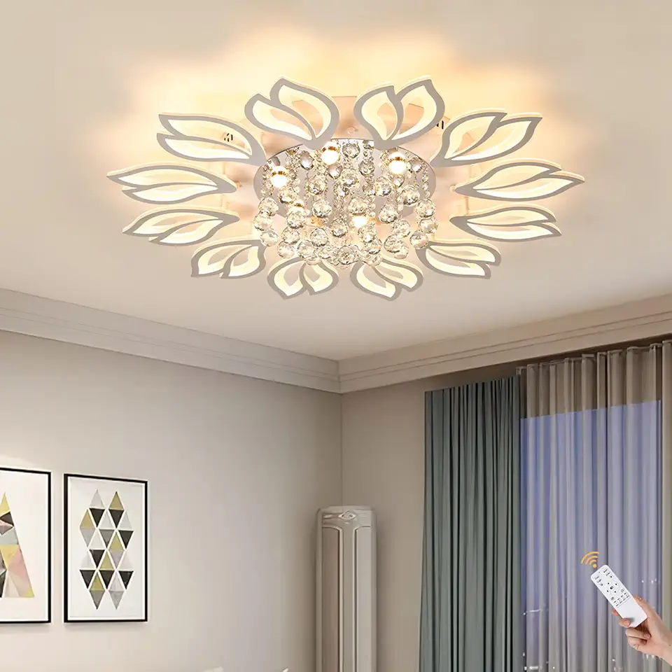 Garwarm Modern Ceiling Light,40.7 in Dining Room Light Fixture,12 Petals Flower Flush Mount Ceiling Lights Chandelier,Bedroom Living Room Kitchen Office Lighting Fixture,100W,White