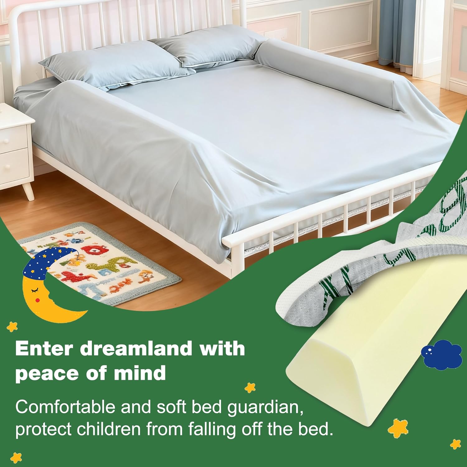 Baby Bed Bumpers for Toddlers with Adjustable Bandd, Foam Bed Guard Rail for Kids Bed Twin Full Queen King Size Bed, 2 Pack