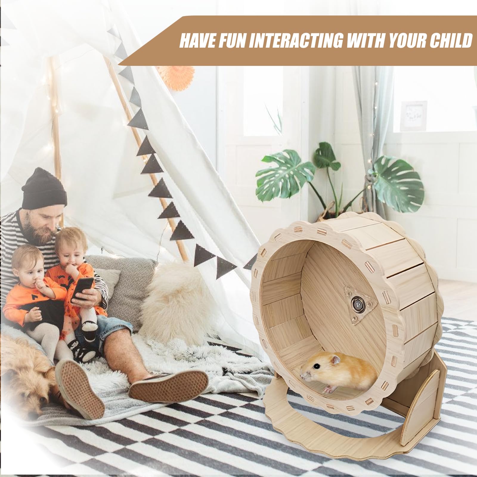 Rueda de madera de 23 cm para hámsteres y mascotas pequeñas, silenciosa rueda de madera para hámsters enanos, jerbos, ratones, juguetes para animales pequeños
