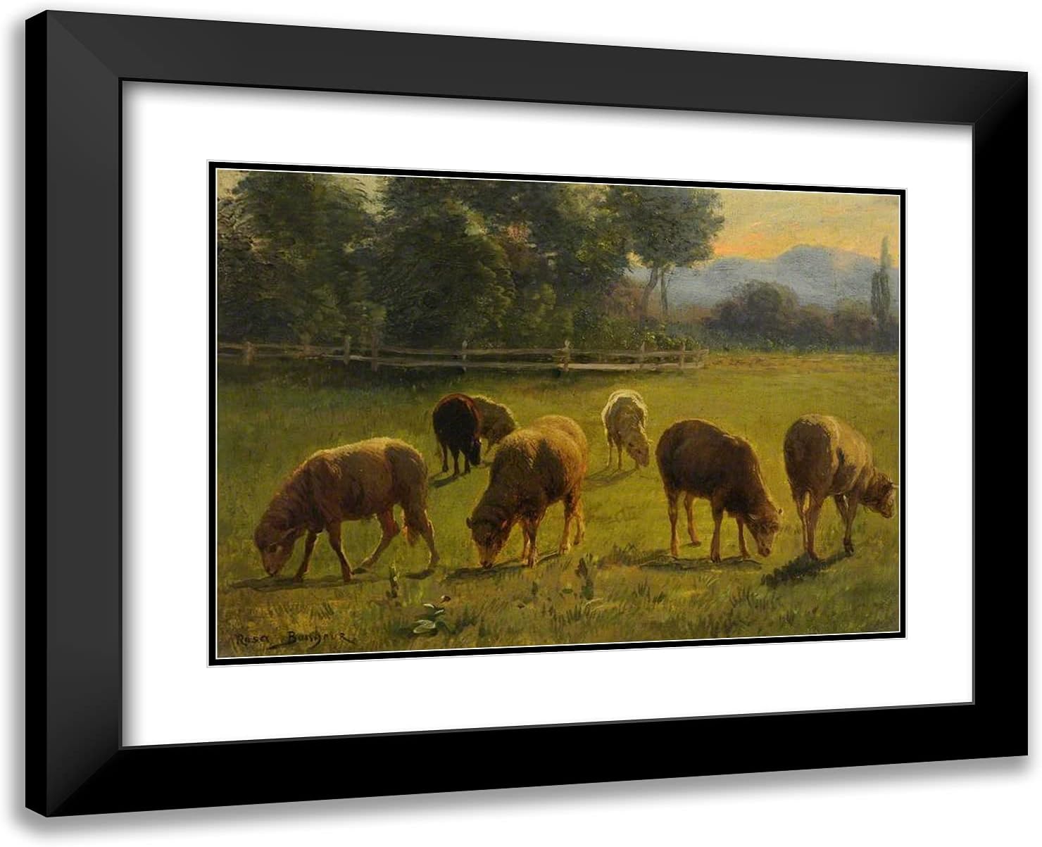 ArtDirect Bonheur Rosa 24x19 Black Ornate Framed Art Print with Double Matting Titled: Sheep in a Landscape