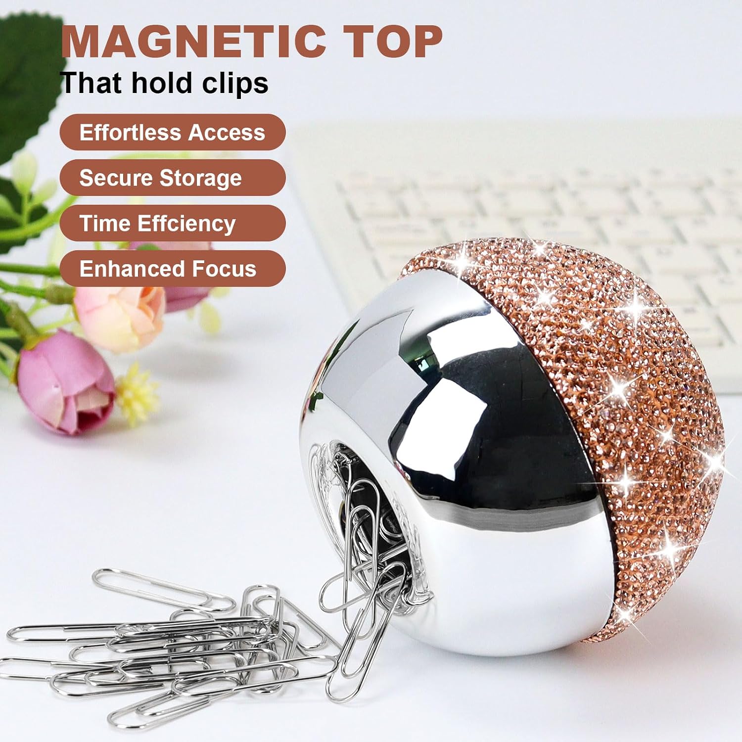 Koqye Elegant Champagne Diamond Magnetic Paper Clip Dispenser Holder