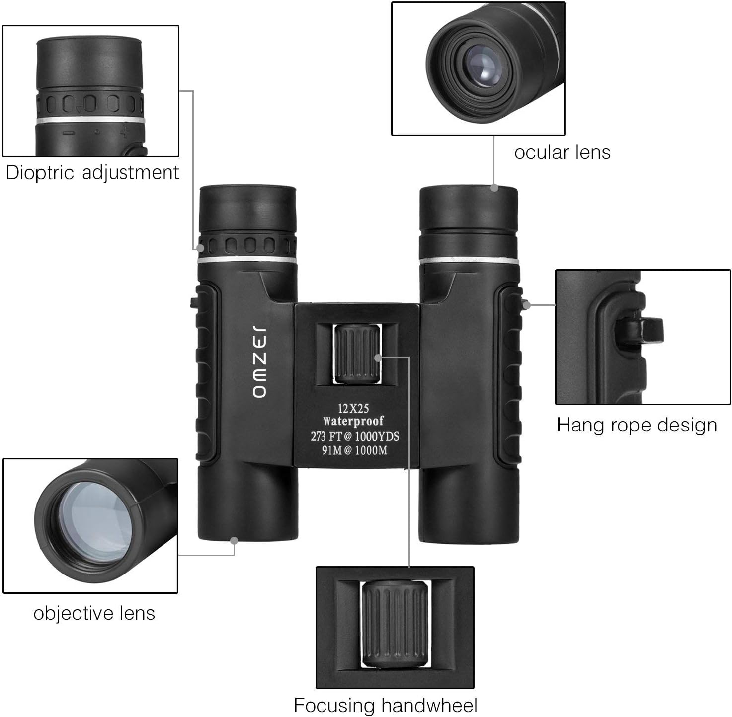 OMZER 12X25 High-Powered Waterproof Fogproof Binoculars with Low Light Night Vision, Suitable for Adults and Kids, Compact Lightweight for Bird Watching, Hunting, Outdoor Sports, BAK4 FMC Coated