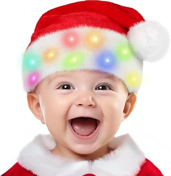 tgosomt Plush Santa Hat with LED Lights, Light up Christmas Hat with 8 Flash Modes for Adults, Kids & Babies