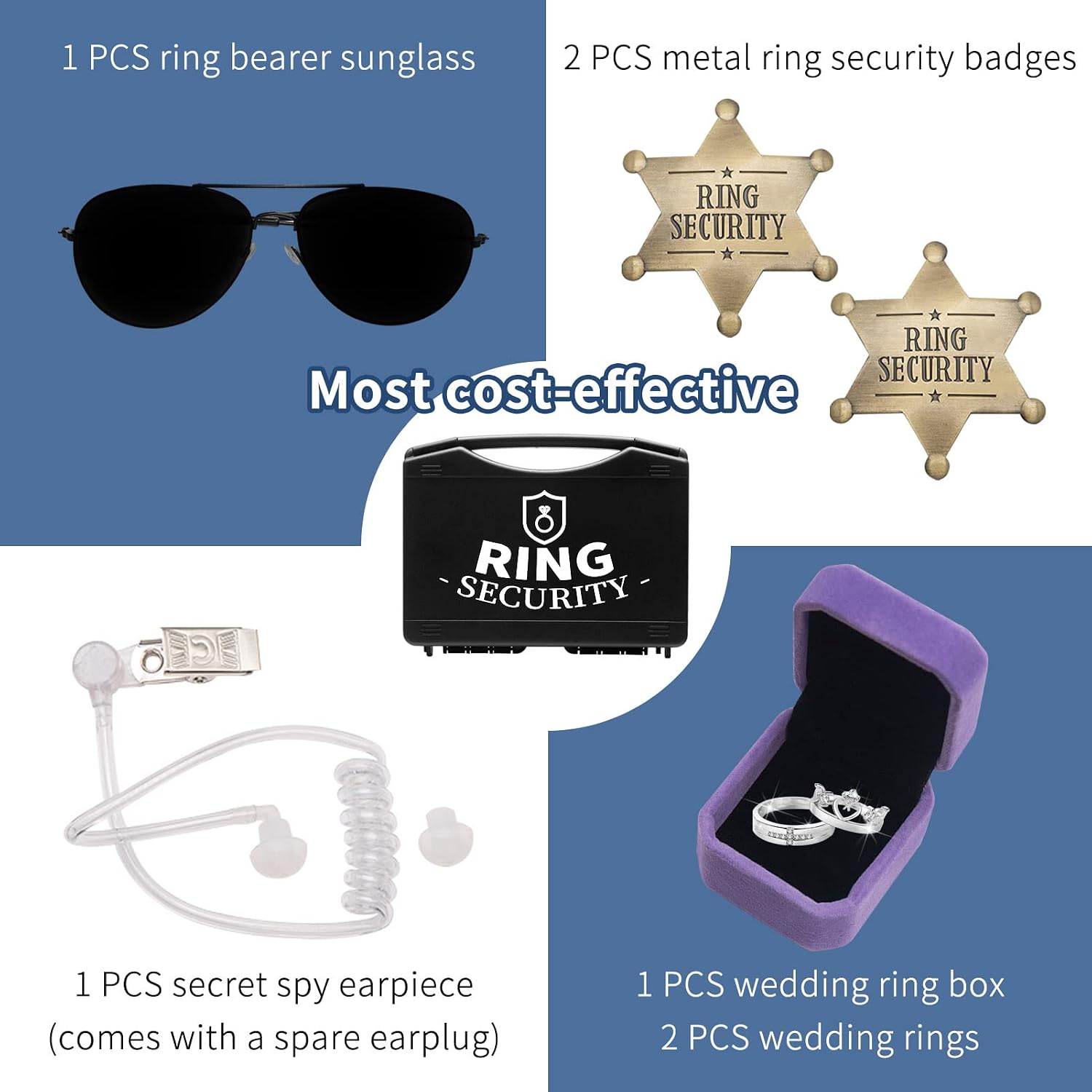 Ring Security Wedding Ring Bearer Gifts Box Set Include Ring Security Badges, Acoustic Earpiece Tube, Rings Bearer Sunglass, Wedding Rings Box with 2 Rings thumbnail