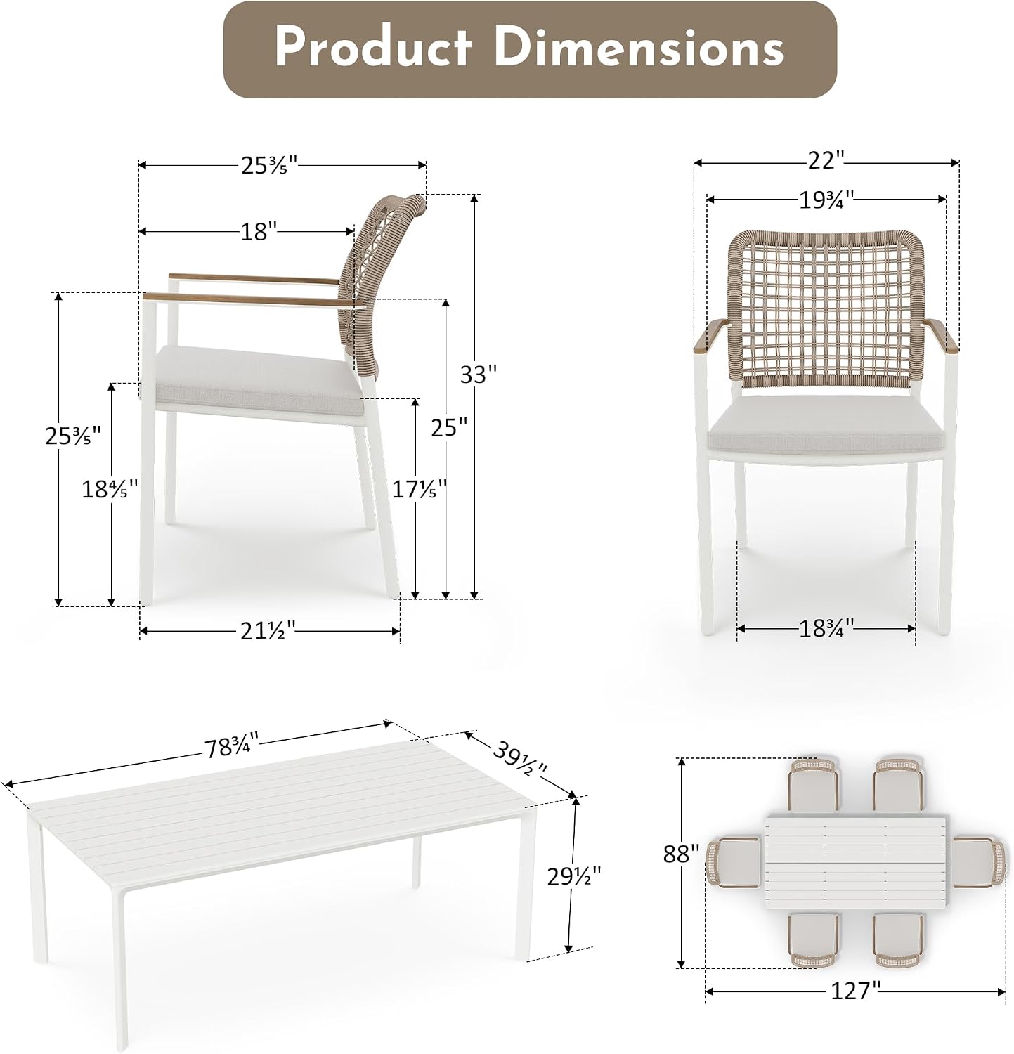 Modern Shade 7 Piece Luxury Outdoor Dining Set, Large Outdoor Table and Chairs with Fade Resistant Cushions & Teak Accents, Premium Aluminum Patio Table and Chairs Set for Outdoor Entertaining, White