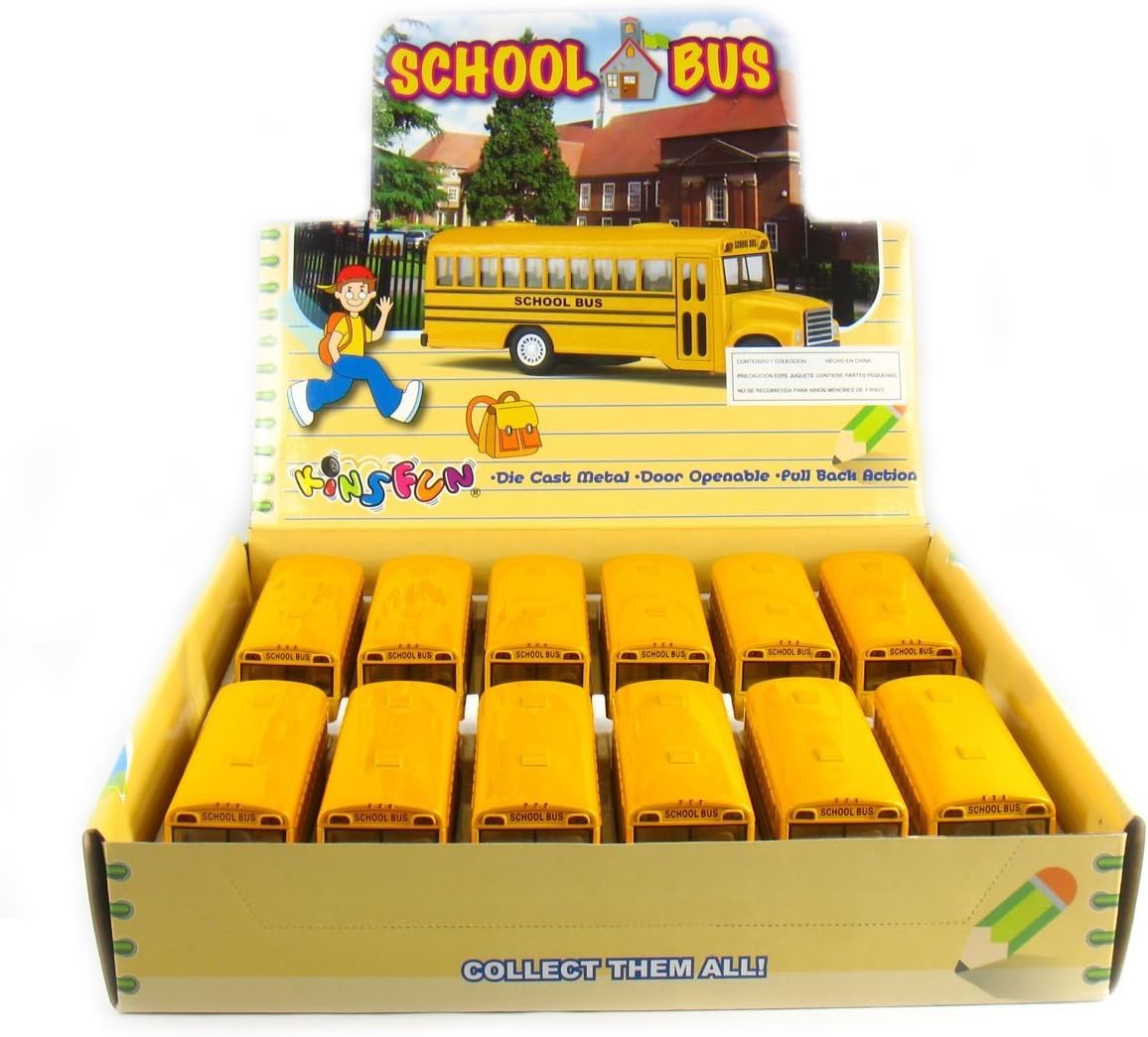 KiNSFUN Classic Long Nose School Bus 5" Die Cast Metal w/ Pull Back Action 12 Pack