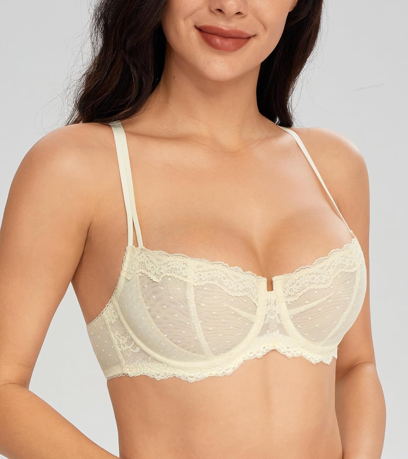 Lemorosy Women's Non-Padded Underwire Lace Balconette Unlined Demi Sheer Bra - Image 5