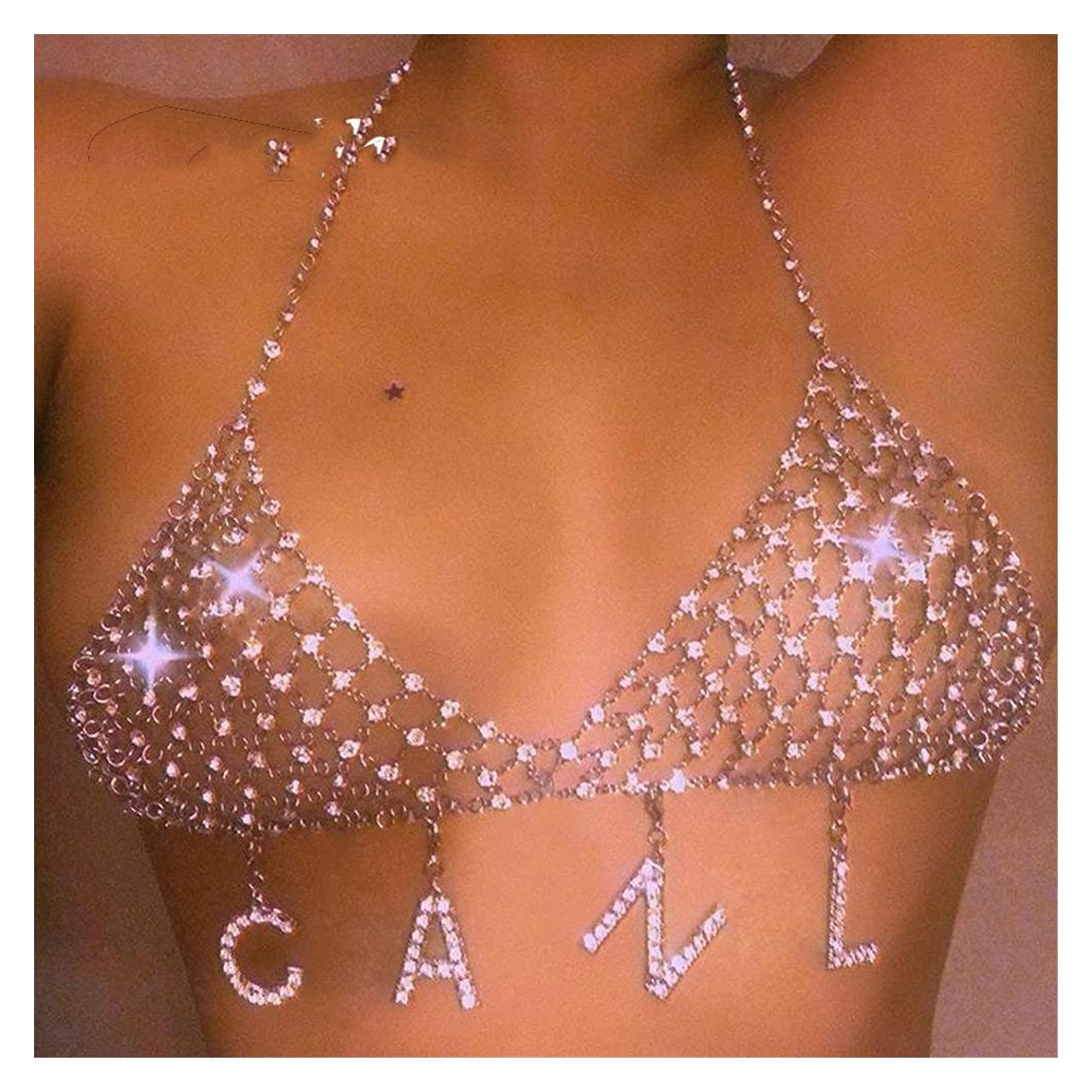 SunXTMY Body Chain Bikini Chain Rhinestone Letter Bra Sexy Jewelry For Women 26 Alphabet Pendant Bra Body Chain Jewelry Silver Color Body Accessory for Women and Girls (Metal color : GEMINI bra)