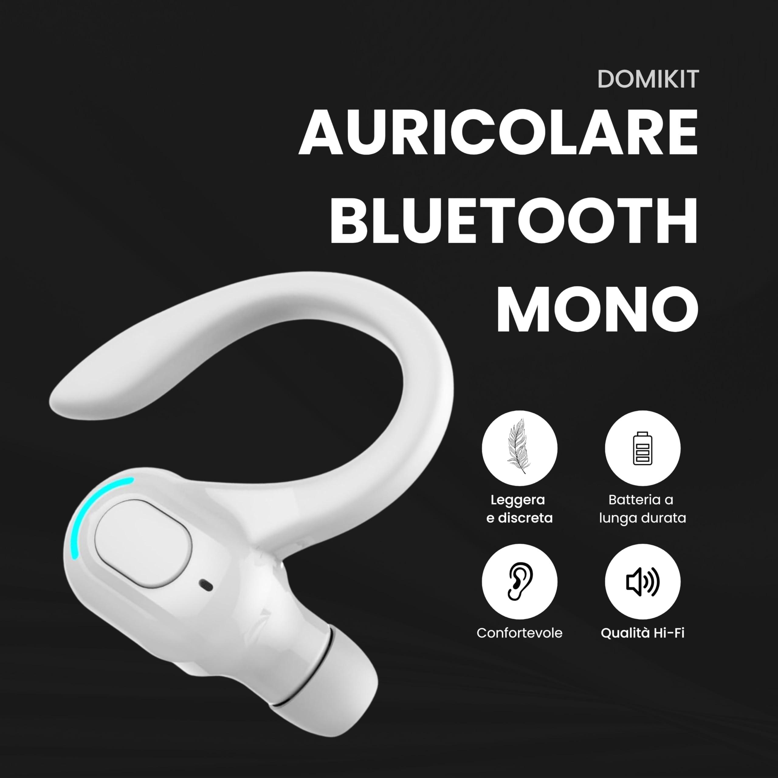 Auricolare Bluetooth mono senza fili V5.2, design 360° sopra l'orecchio, microfono integrato, batteria 70 mAh, 20 ore di riproduzione, compatibile con iPhone, Android e PC