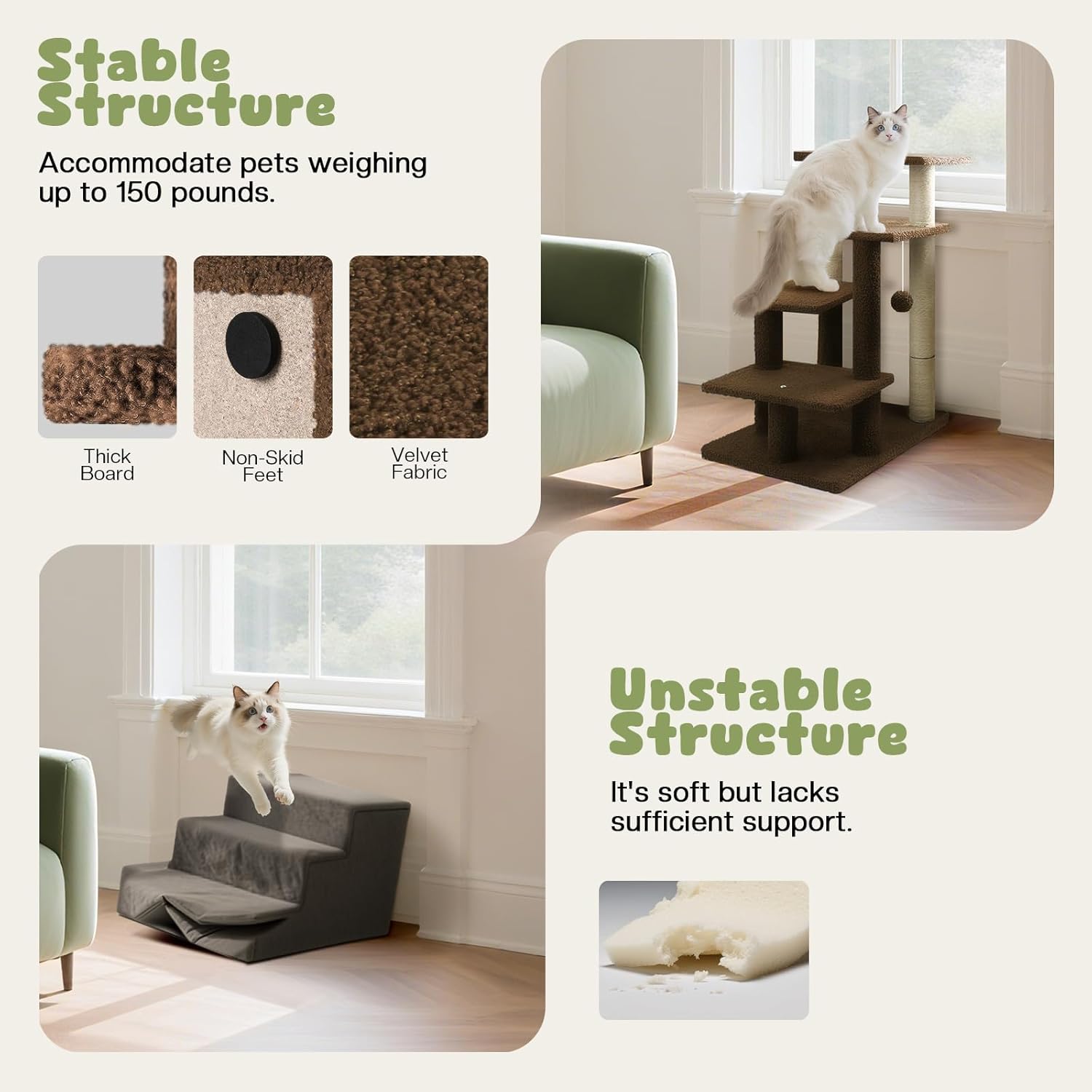 4-Step Pet Steps for Cats/Dogs, Cat Stairs with Sisal Scratching Post, Cat Steps for Older Cats with Enlarge Perch, Pet Stairs for High Bed and Couch, Brown