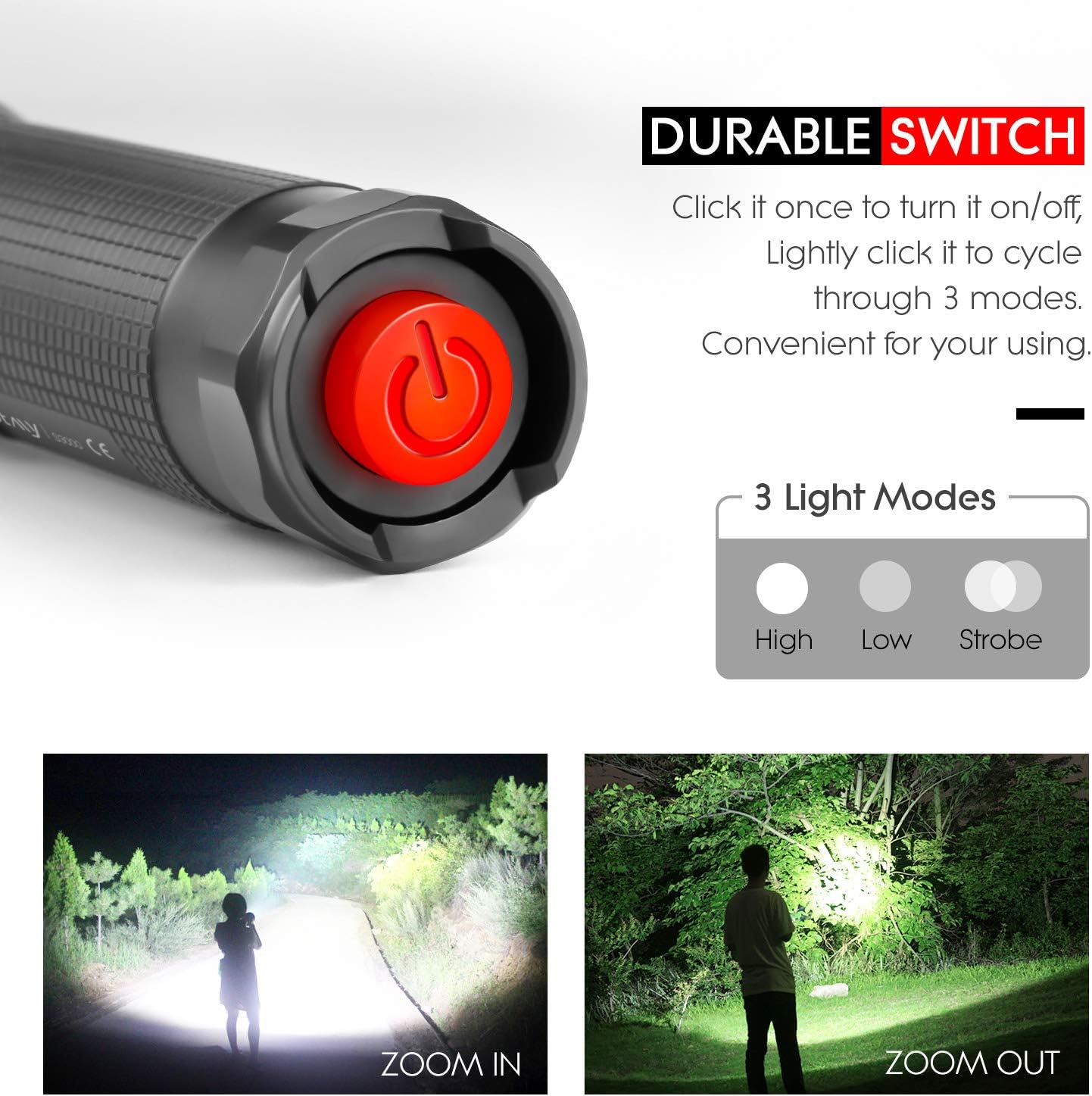 LETMY S3000 Flashlight power button and light modes