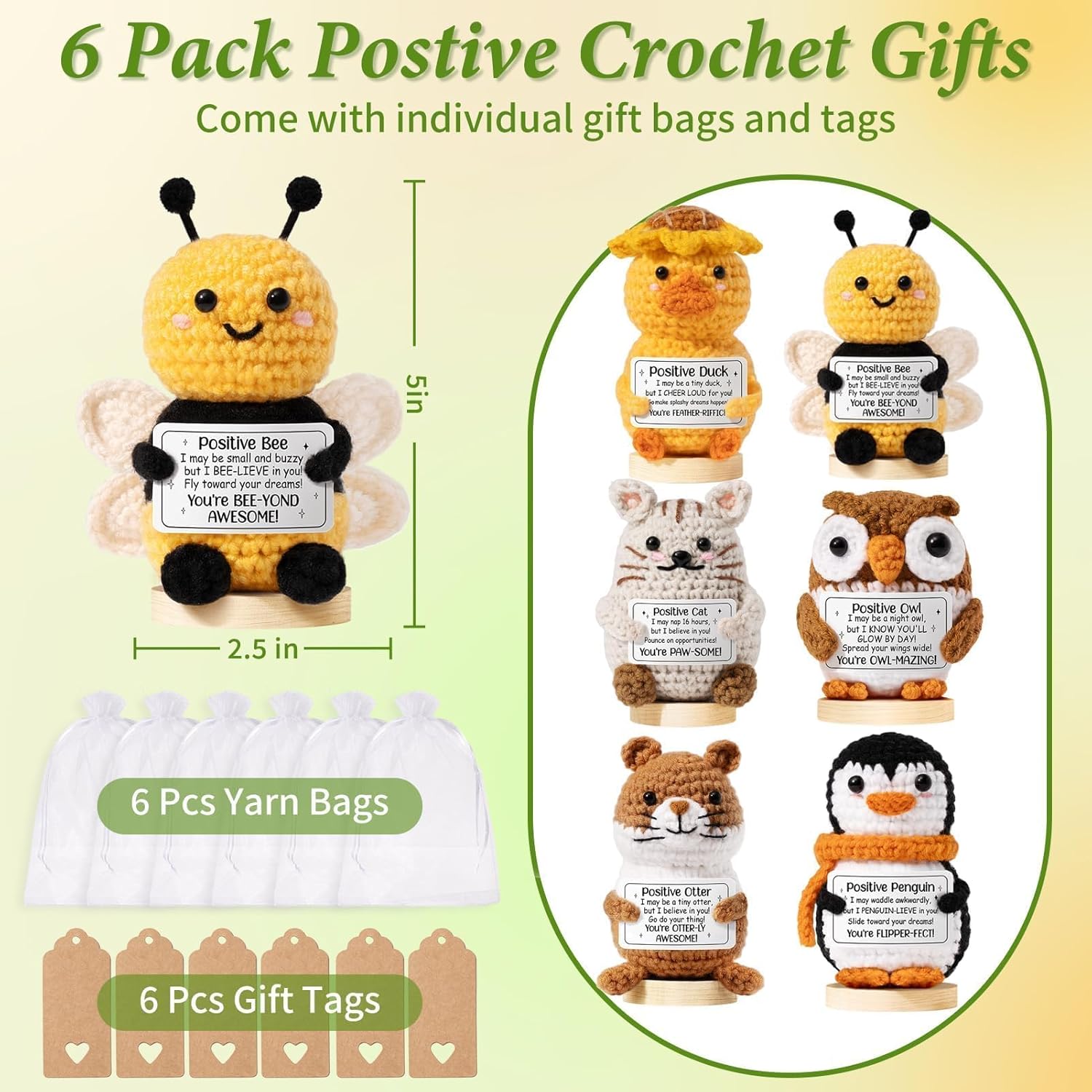 6PCS Emotional Support Positive Crochet Animals Inspirational Cheer Gifts for Women, Handmade Positive Crochet Gift Thank You Birthday Teacher Appreciation Easter Gift for Coworker Nurse Mom Sister