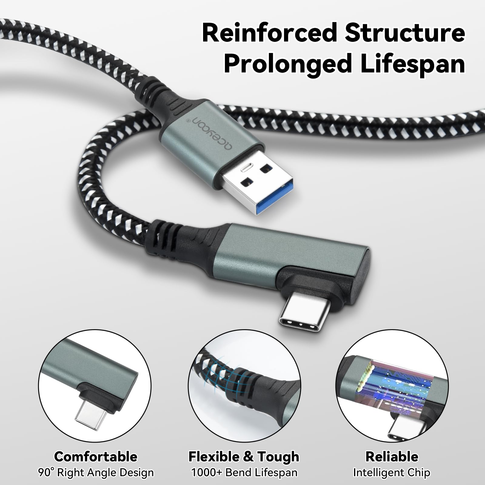 aceyoon Cavo Link con Porta di Ricarica 6M Compatibile con Meta Quest 3S/3/2 e accessori Pico 4, Cavo di Ricarica VR USB 3.0 a USB C in Nylon a 90 Gradi per Visori VR e PC da Gaming