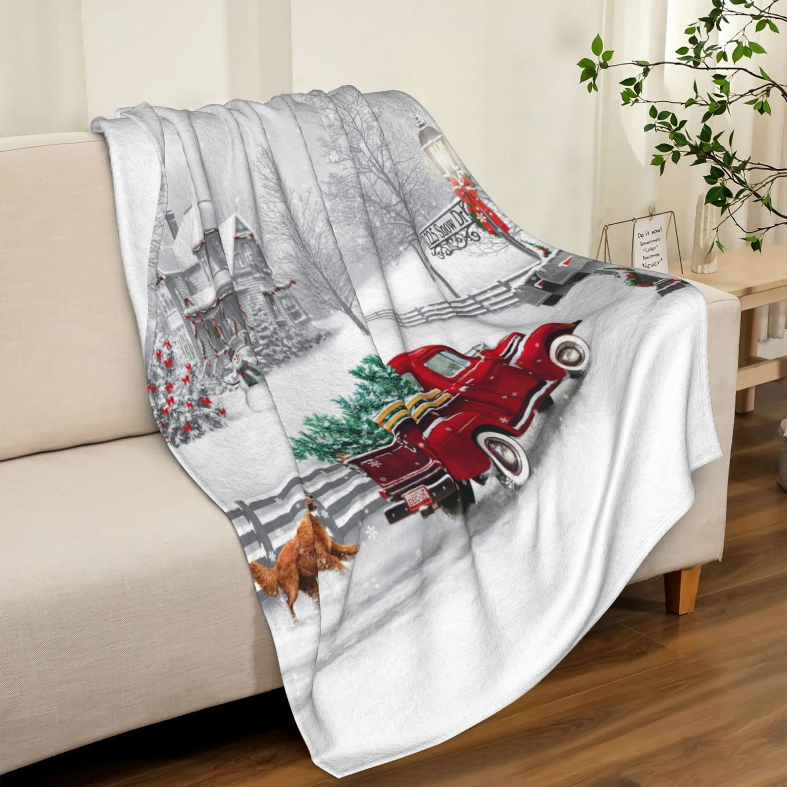 JOOCAR Christmas Throw Blanket Winter Holiday Snow Red Truck and Dog Fannel Blanket Soft Plush Warm Throw Blanket for Bed Couch Living Room Sofa Chair(White - Image 4