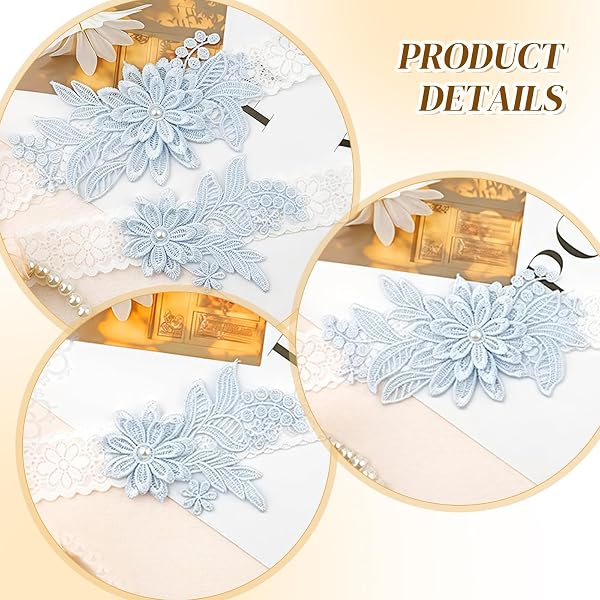 Jarretière de Mariage Bleue pour Mariée, 2pcs Jarretière en Dentelle Élastique avec Perles, Wedding Garters for Bride, Accessoire Mariage, Jarretiere Femme pourMariage, Bal, Fête, Cadeau Mariée(D) - 3